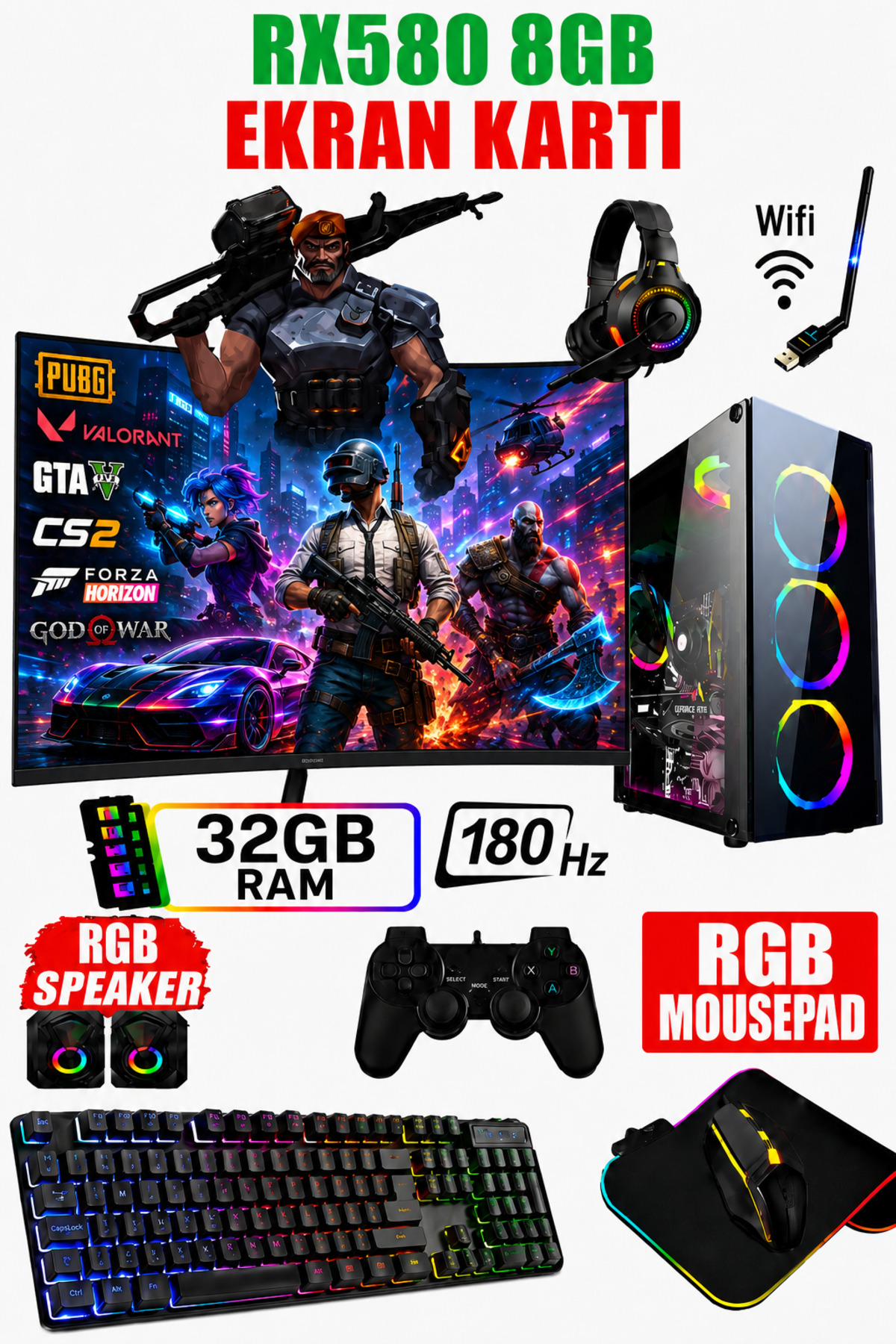 DMC N271 (PUBG,GTA5) İ7 4770,32GB RAM,512GB SSD,8GB RX580,24" 180hz Oyuncu Masaüstü Bilgisayarı