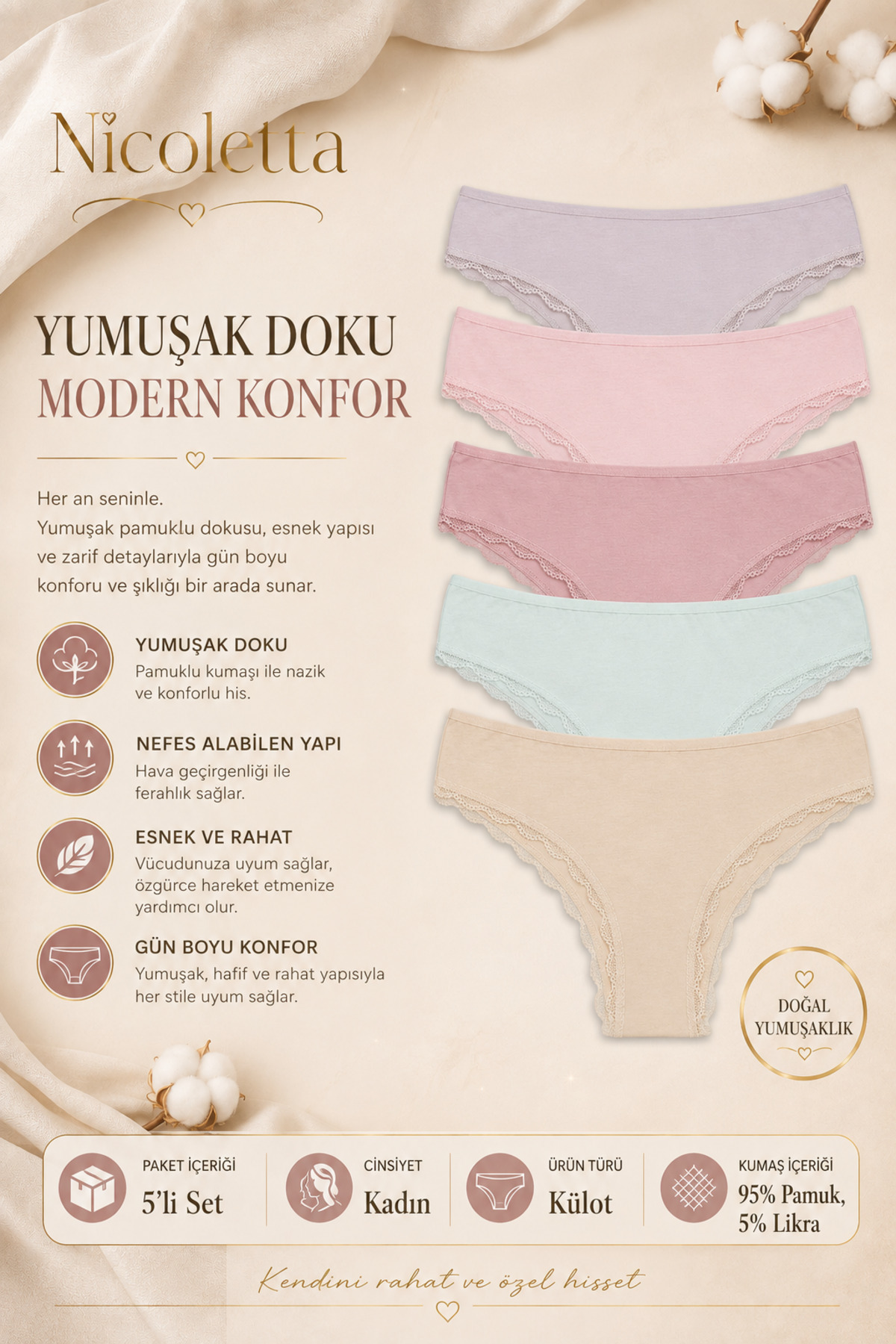 Nicoletta Kadın Külot 5 Li Paket Brazillian Pamuklu Likralı Vanilya görsel 5