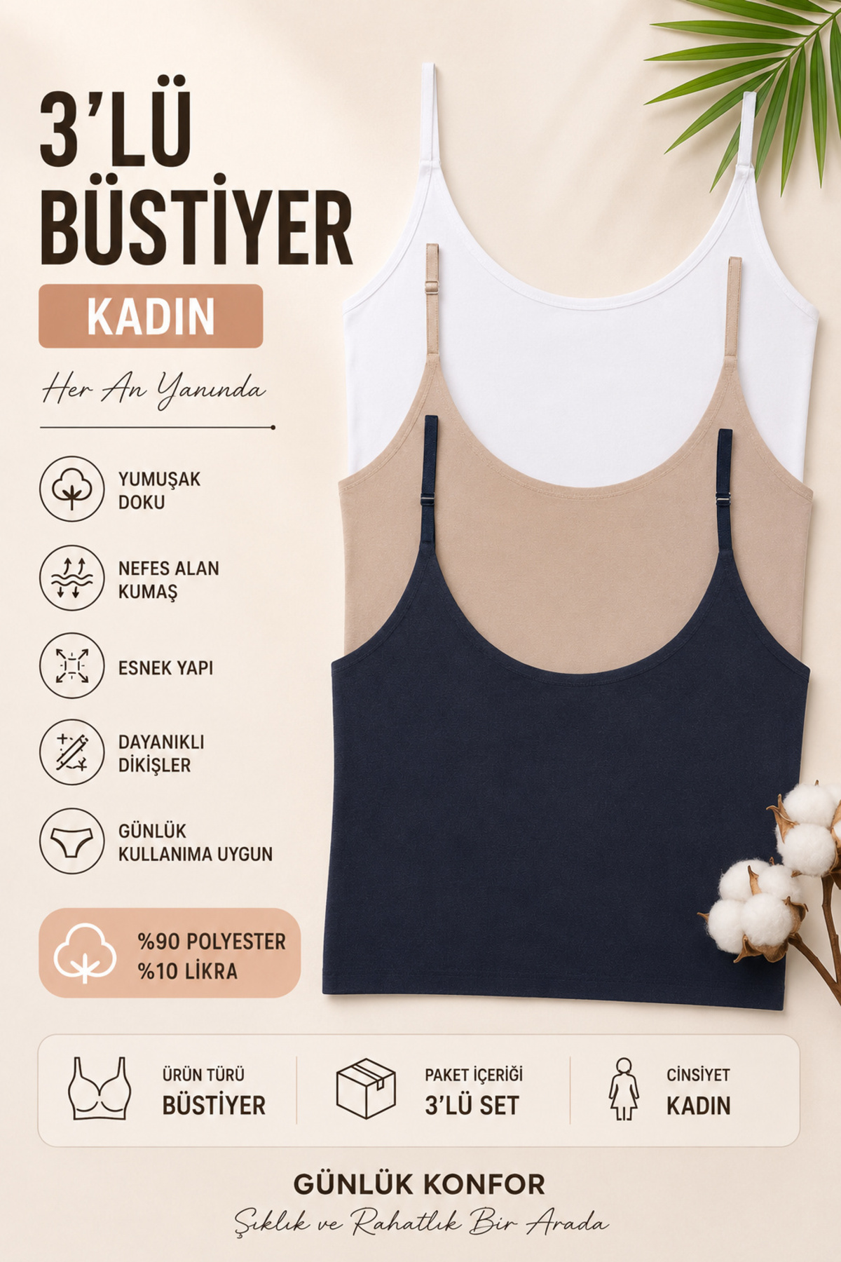 Nicoletta Kadın Büstiyer Ayarlanabilir Ince Askılı Lazer Kesim Crop 3 lü Paket Polyester MIXCOLOR