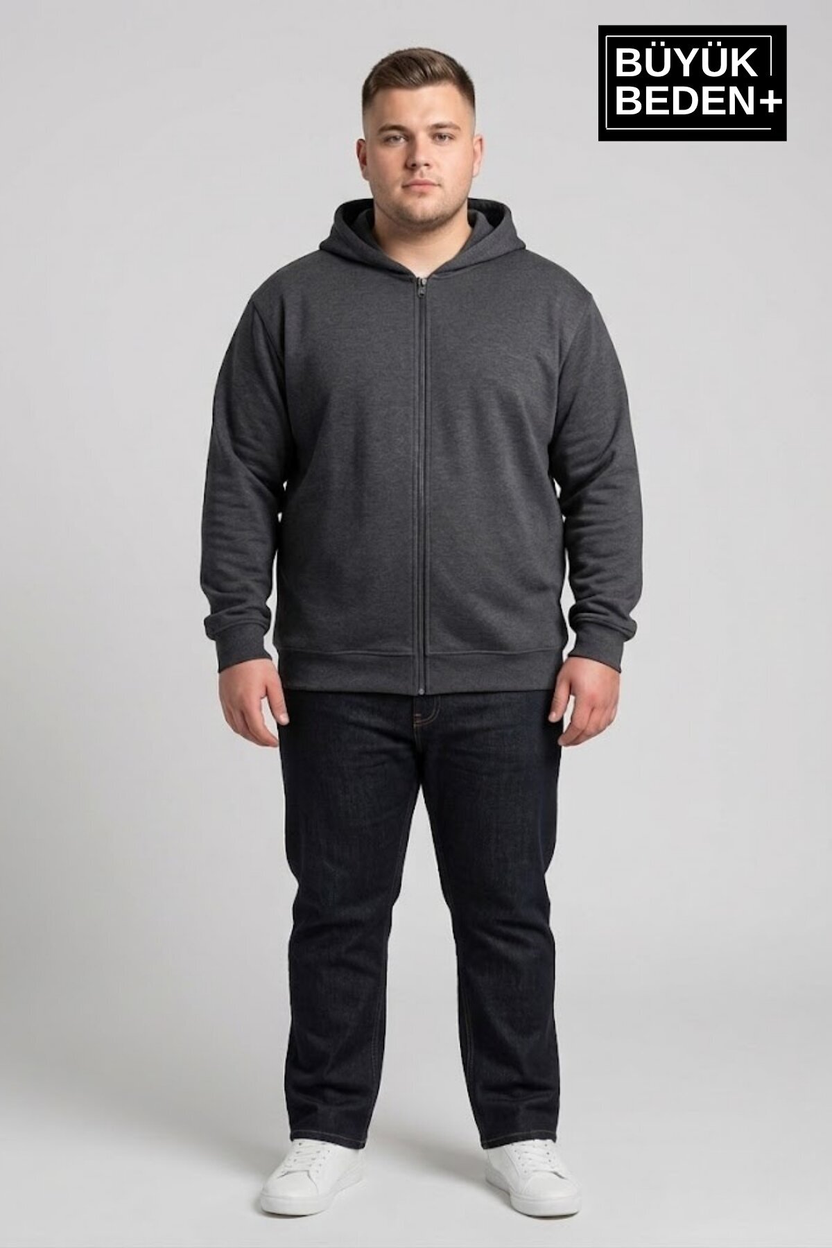 Erkek Büyük Beden Fermuarlı Kapüşonlu ince Sweatshirt Hırka - Rahat Kalıp SPR26BHR960 — مشکی — تصویر 2 از 5