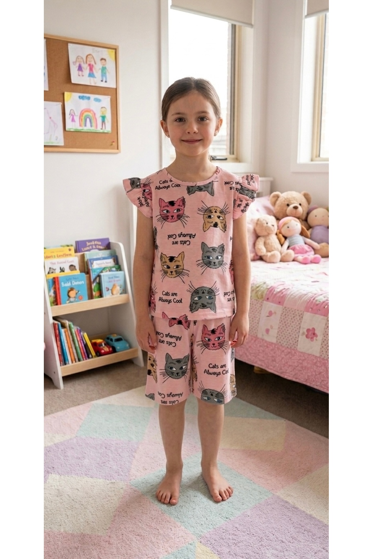 ALİŞ KİDS Girl's Cotton Pink Cat Patterned Short Sleeve Shorts Summer Pajama Set