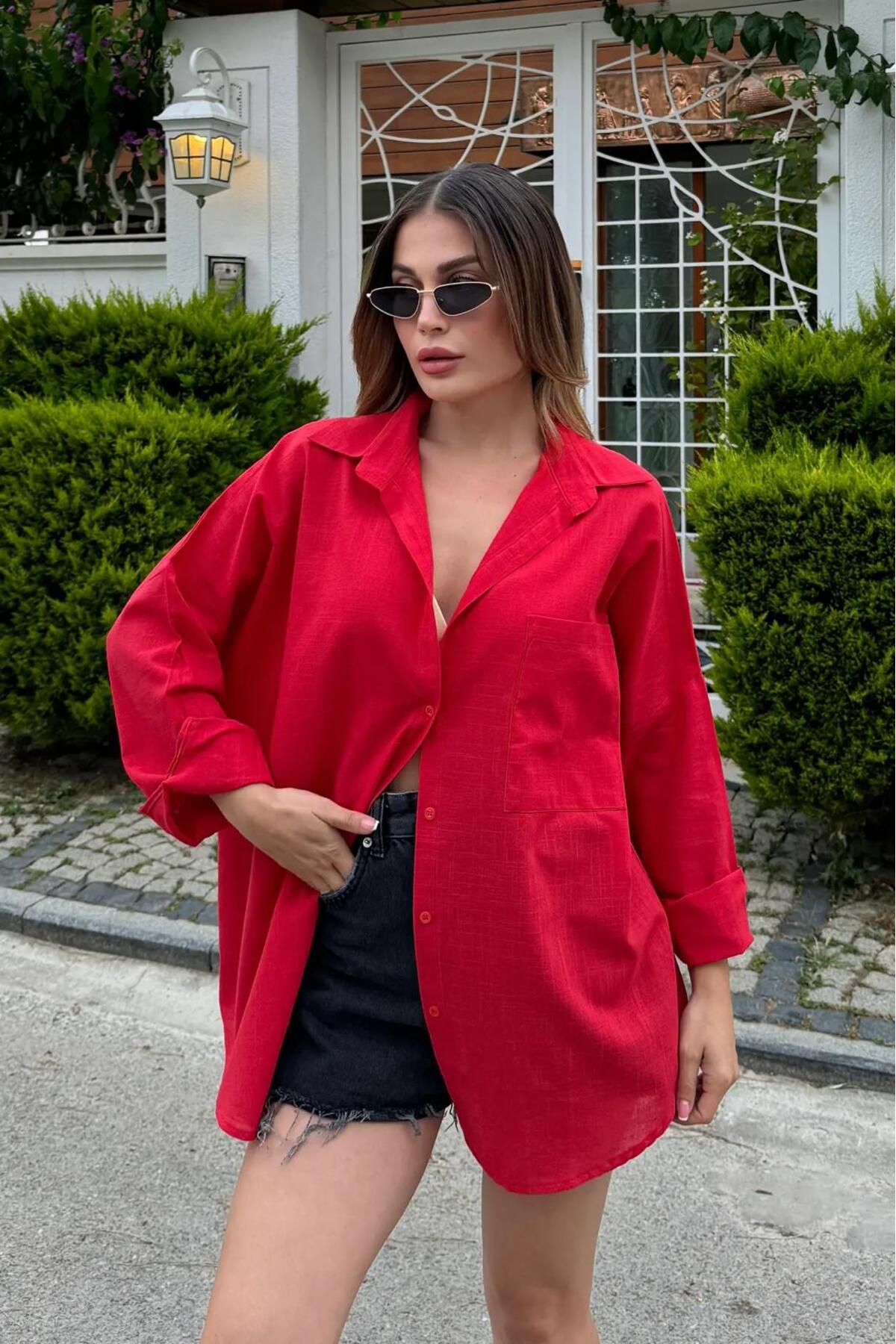 Rouge basıc  Oversize Keten Dokulu %100 Pamuk Salaş Gömlek - Görsel 2