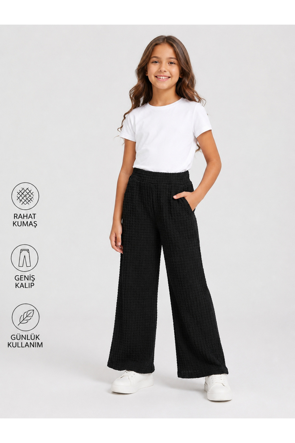 İncili Girl's Black Wide Leg Bubble Textured Pocketed Pants - Relaxed Fit Single Bottom