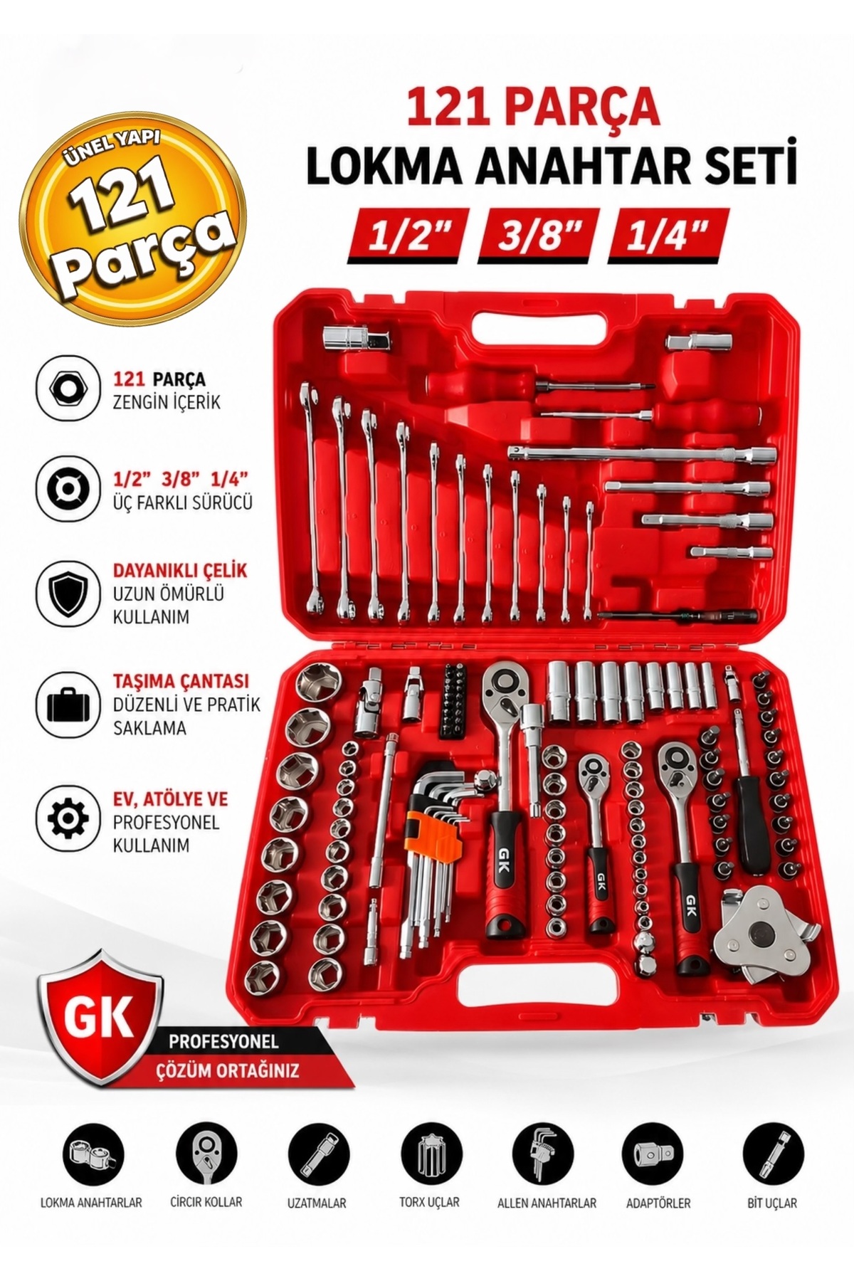 GK TOOLS 121 Parça Lokma Anahtar Takımı 1/2” 3/8” 1/4” Lokma Ve