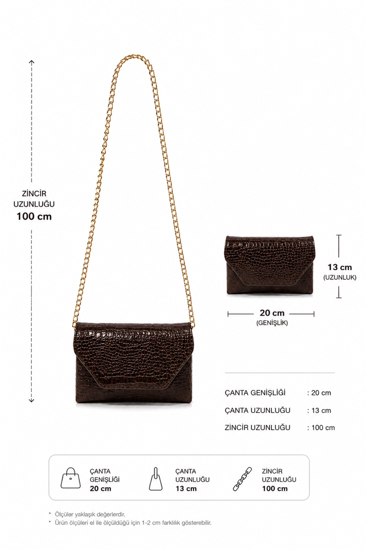 Sellini Clutch Kroko Desenli Zincir Askılı June Kahverengi Omuz Çanta görsel 3