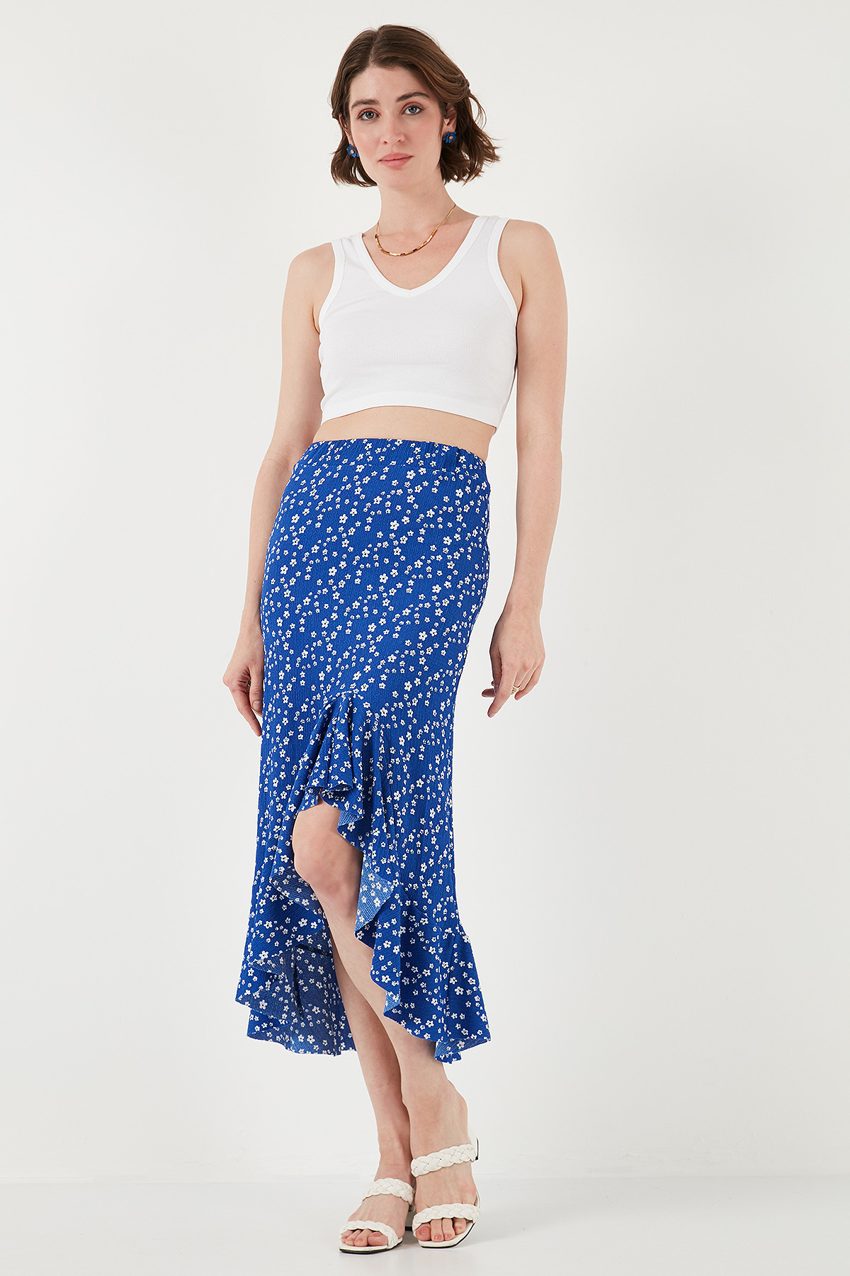 Lela  Çiçek Desenli Regular Fit Volanlı Yüksek Bel Midi Boy Yırtmaçlı Etek ETEK 5869012 - Görsel 5