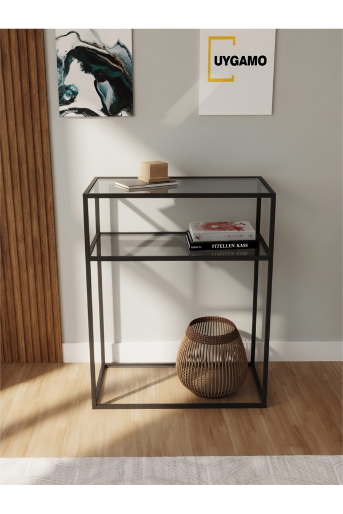 Aire Metal Dresuar Decorative Coffee Corner Console with Black Smoked Glass 60 cm