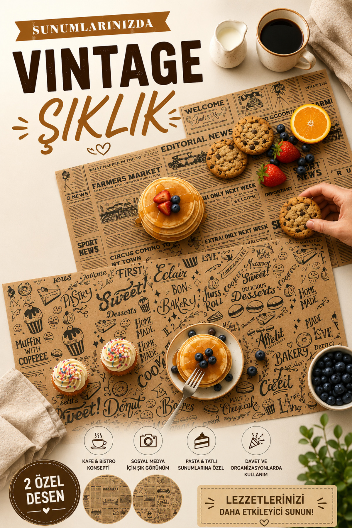50 Adet 2 Farklı Desenli Kraf Özel Sunum Kağıdı Vintage Gazete Desenli Sunumluk