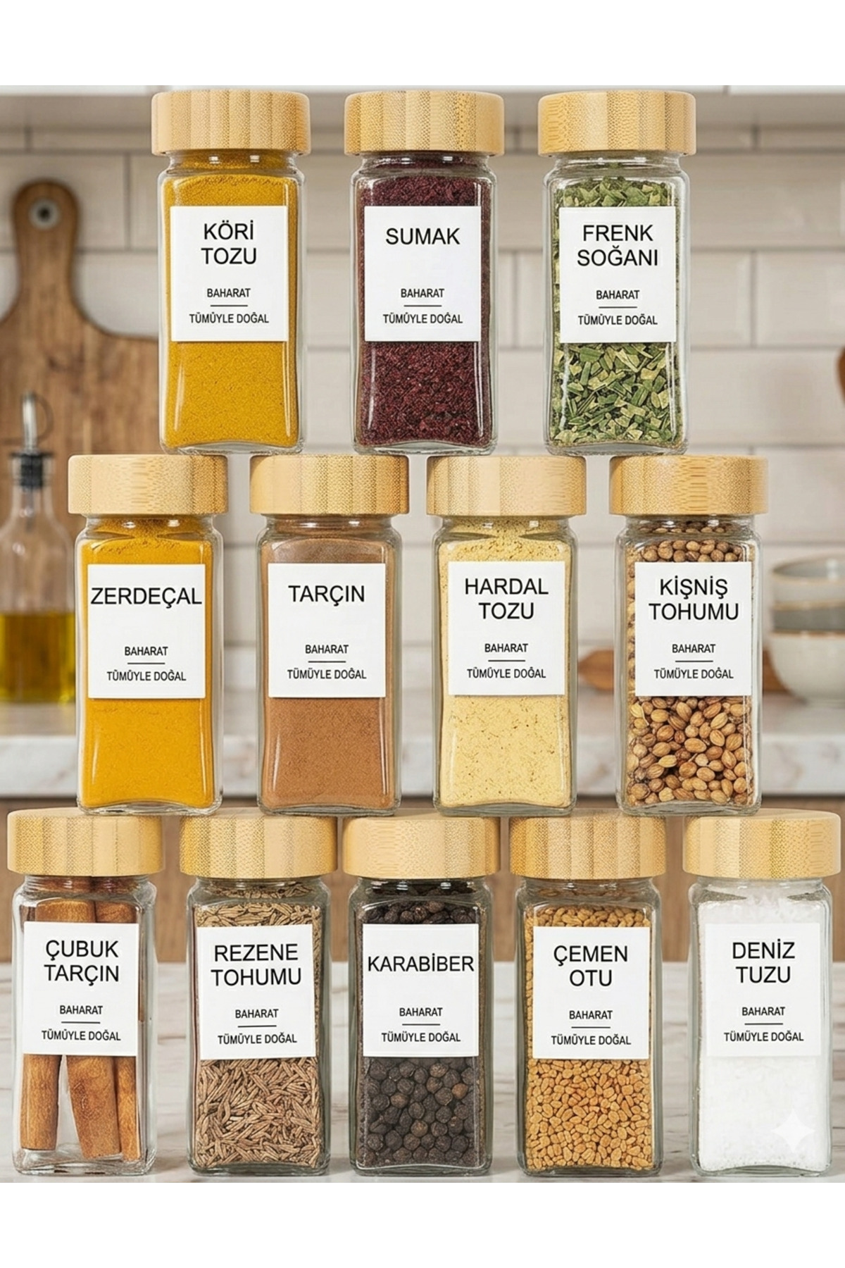12-Piece Glass Spice Holder Set with Bamboo Lid and 12 Turkish Label Gifts- Dowry & Marriage- (11.5 x 4.5 cm) - Protected Packaging