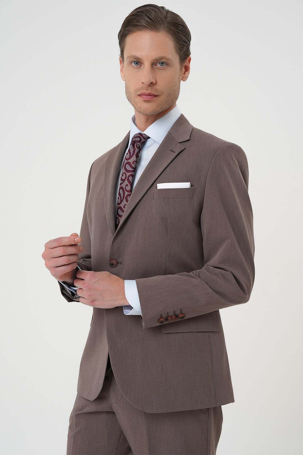 Efor Slim Fit Esnek Çift Yırtmaç Yelekli Düz Klasik Vizon Takım Elbise Tk 901 görsel 4