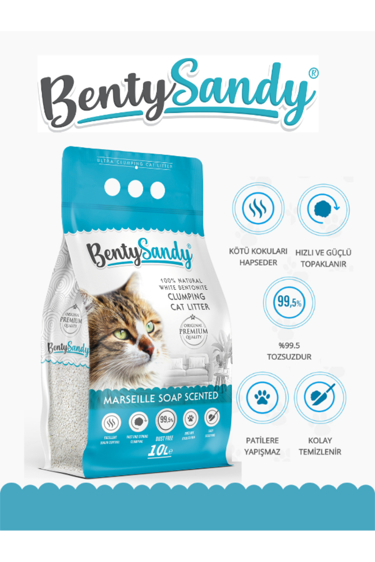 BentySandy Marsilya Sabunu Kokulu Topaklanan Ince Taneli Kedi Kumu 10lt