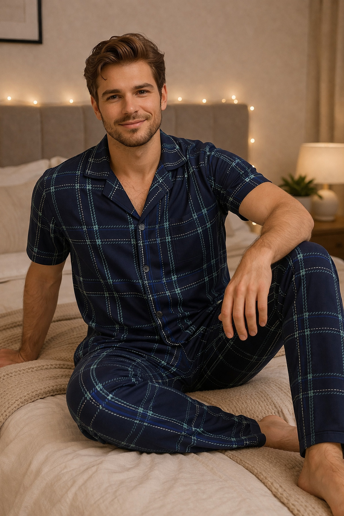 Vesperia Men's Plaid Short Sleeve Buttoned Cotton Pajama Set
