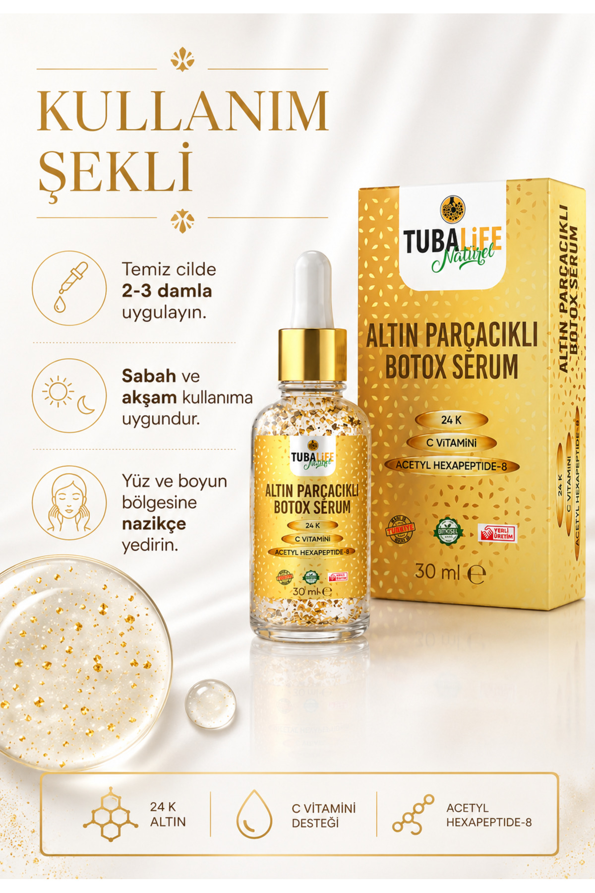 24k Altın Parçacıklı Kırışıklık Karşıtı Botoks Etkili Cilt Bakım Serumu - Yaşlanma Karşıtı - 30 ml — TB 060-003 — تصویر 8 از 8
