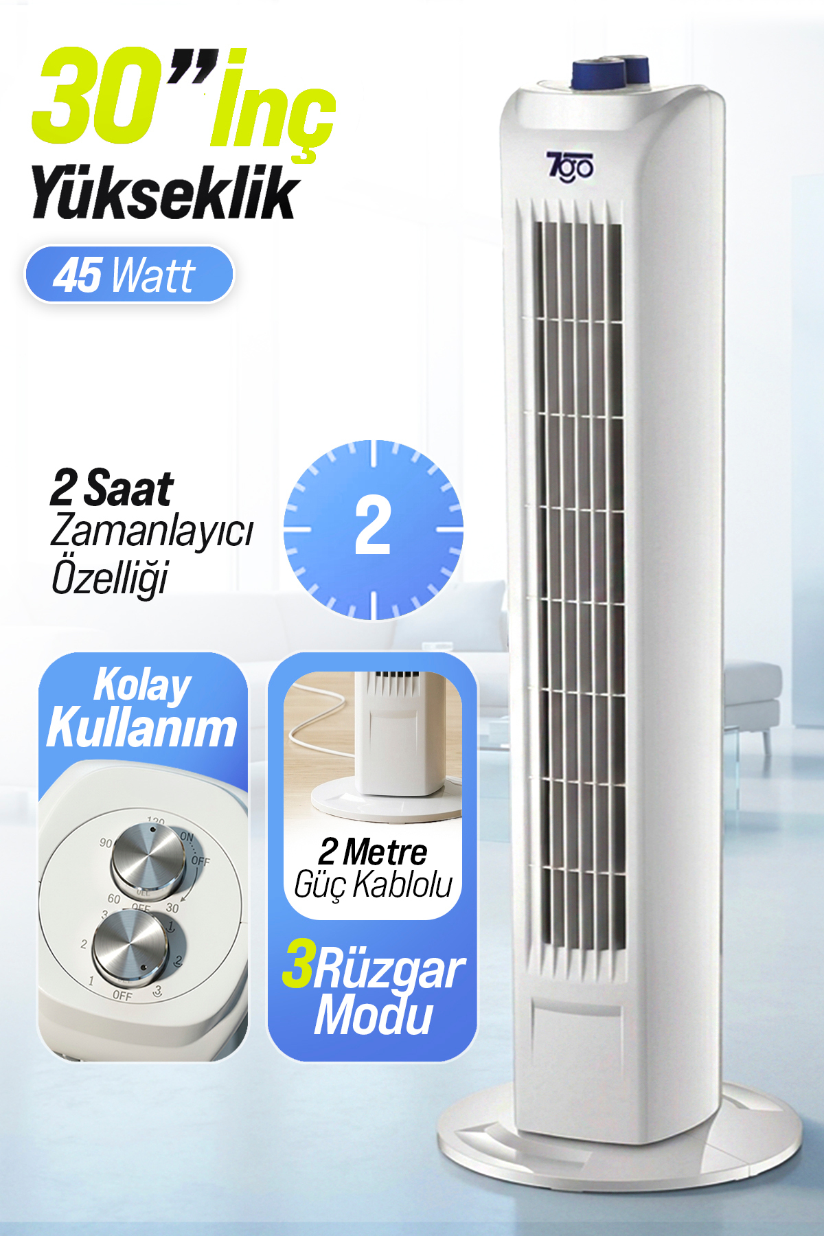 7GO 7GTF1 30 İnç Kule Tipi Vantilatör | 45W Güçlü Motor, 3 Kademeli Hız, Salı...