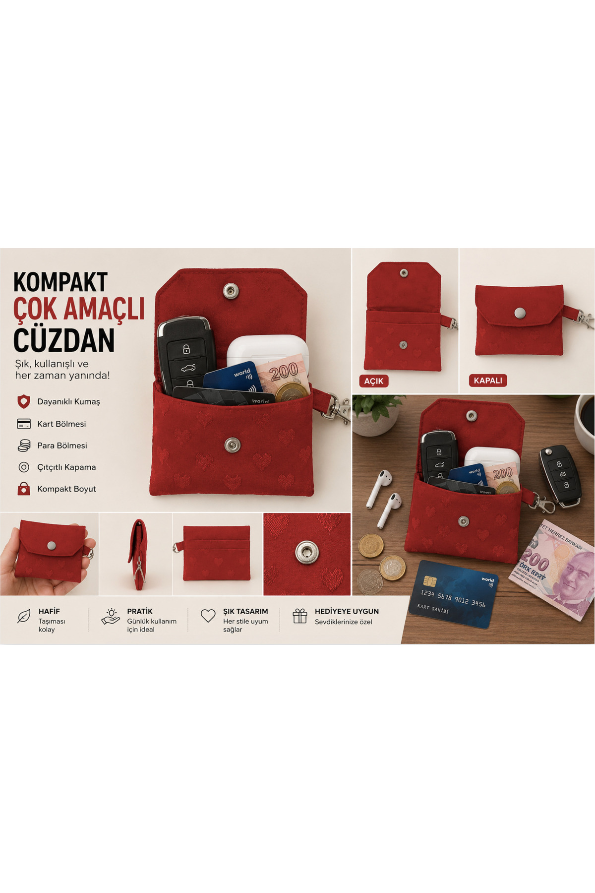 Tasarım Kırmızı Kanvas Kumaş Anahtarlıklı Mini Cüzdan 11 X 8 cm görsel 5