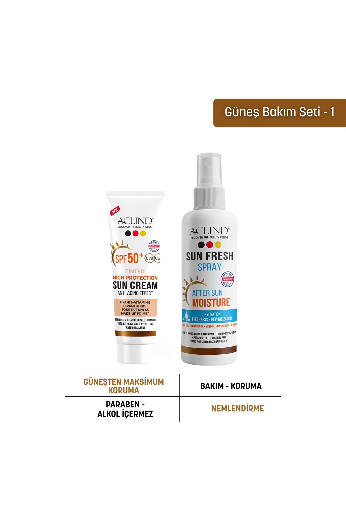 Aclind SPF 50+ Renkli Güneş Kremi 50 ml + Güneş Sonrası Ferahlatıcı Sprey 100 ml Seti — renklisun