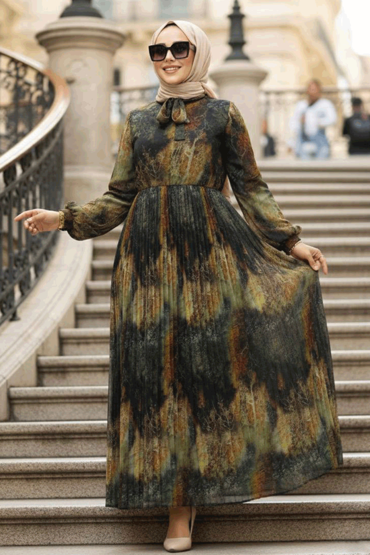 Neva Style Patterned Khaki Hijab Dress 76871Hk