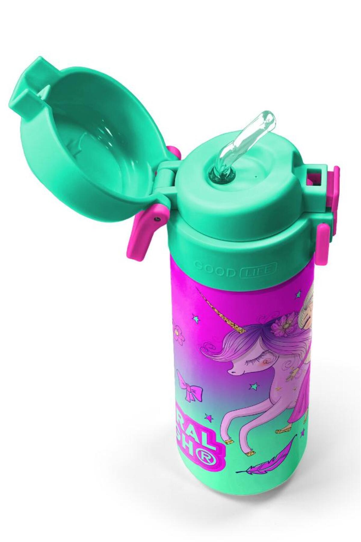 Kids Açık Pembe Mor Unicornlu Prenses Desenli Pipetli ve Direkt İçim Çelik Termos 500 ml