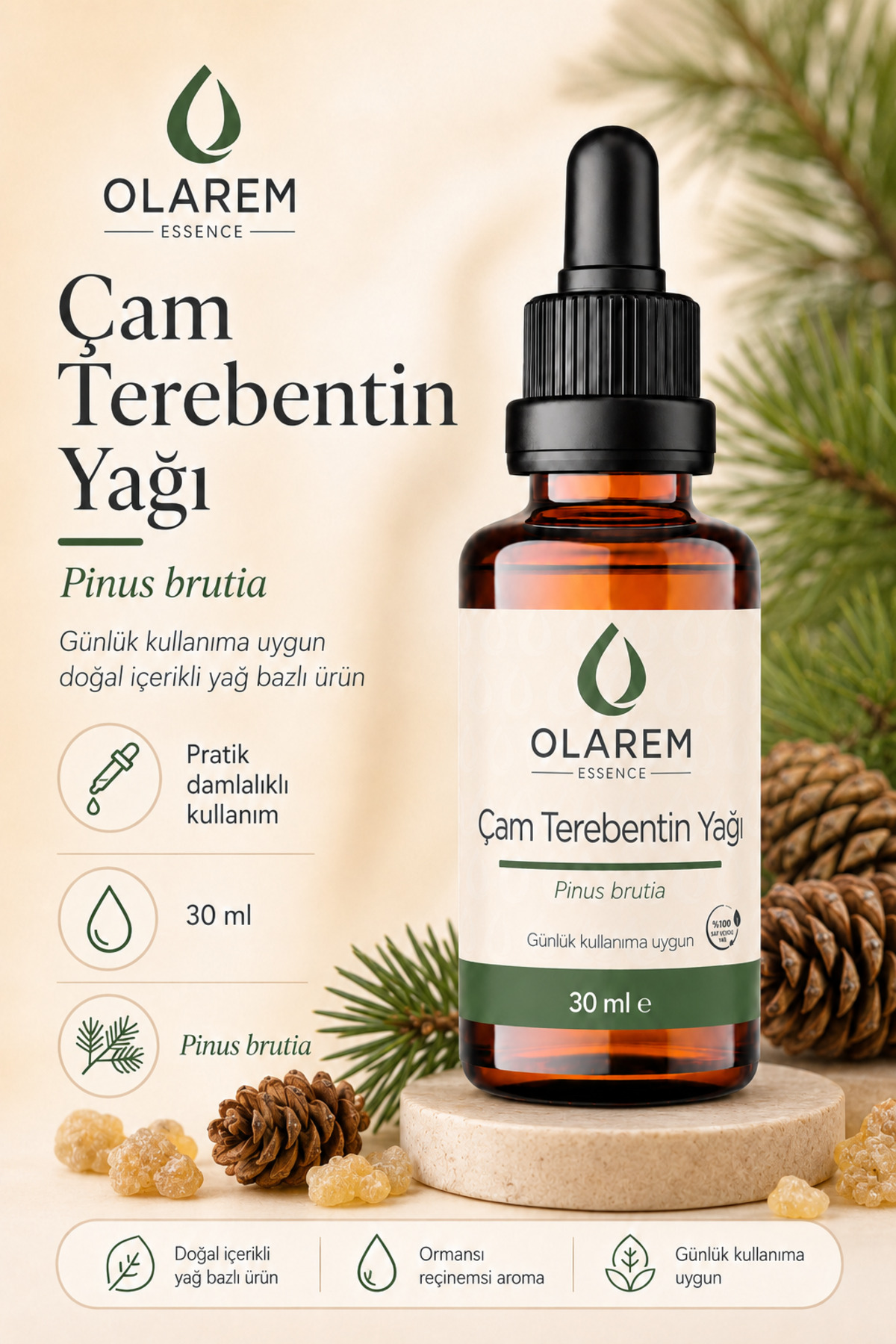 Çam Terebentin Yağı (Pinus pinaster) Uçucu Yağ 30 ml Damlalıklı Cam Şişe — OLR-CAMTRB-30ML — تصویر 3 از 3