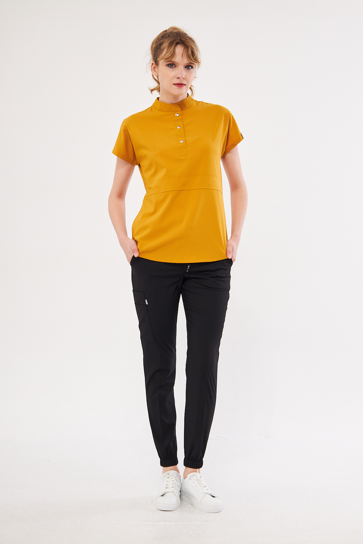 Nova-Mustard Black Women's Lycra Judge Collar Half-Pat Nurse and Doctor Jersey with Snap Fastener Scrubs