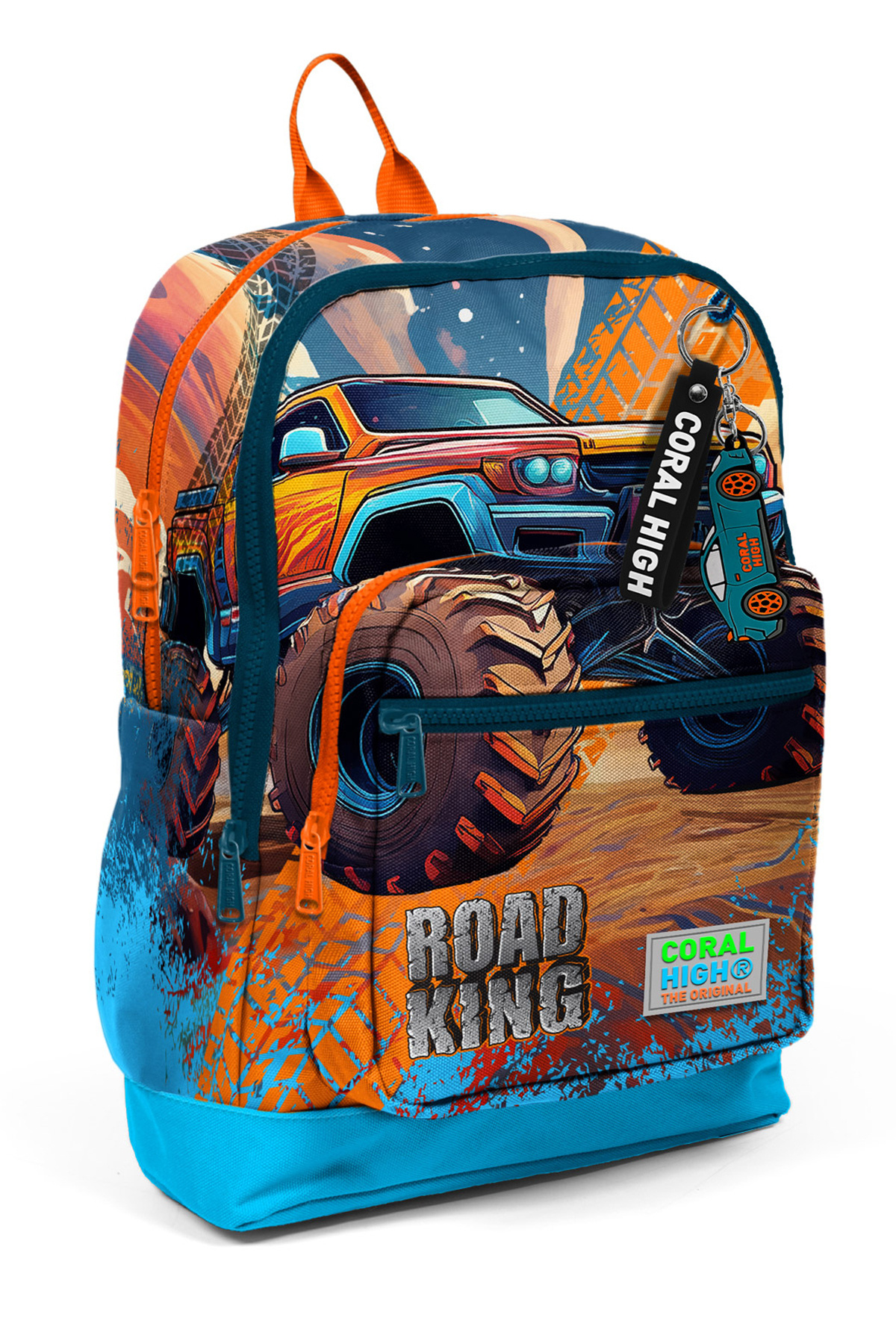 Blue Orange High Wheels Truck Pattern Four Compartment School Backpack 23778