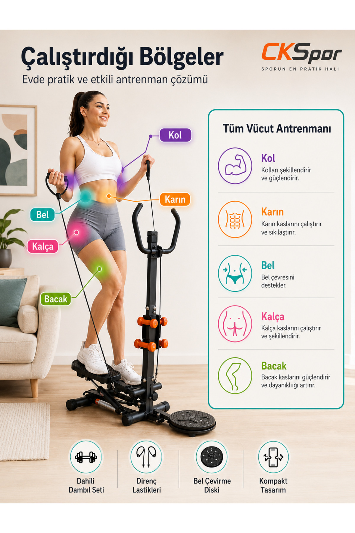 CKSpor Multi Fonksiyonel Stepper Egzersiz Aleti Stepper + Dumbell