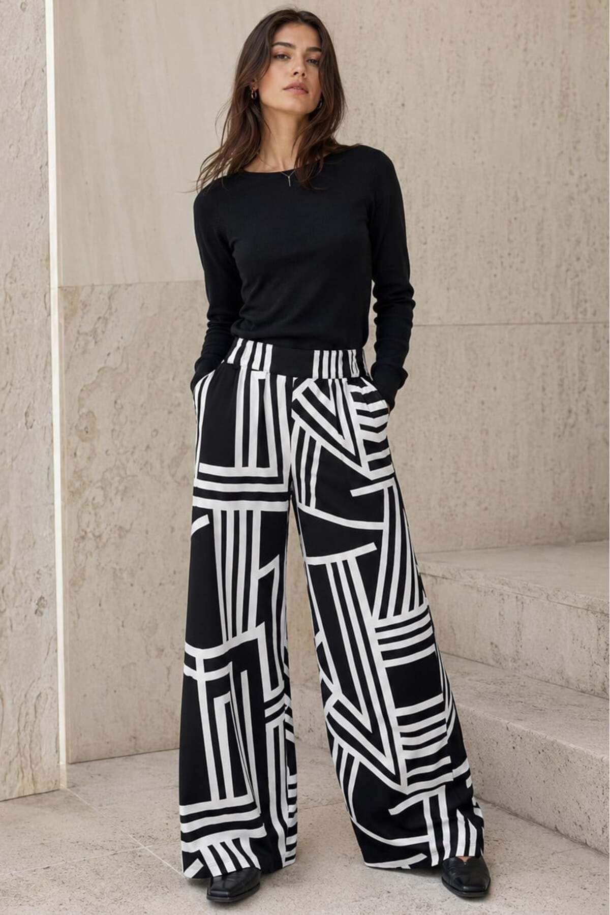 Madmext Crne širokog kroja pantalone sa šara i elastičnim strukom MG2051
