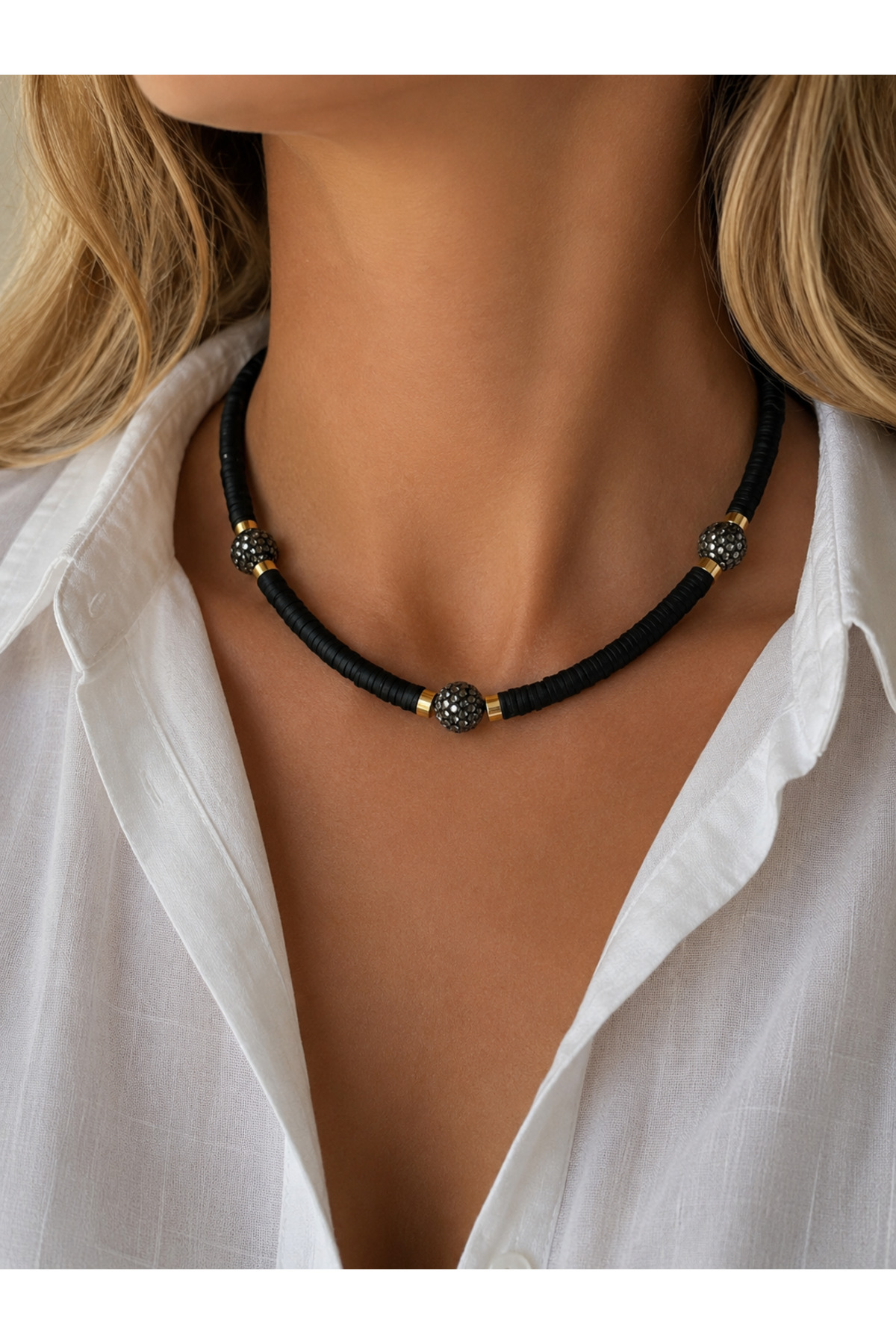 Black Fimo Necklace with Crystal Beads