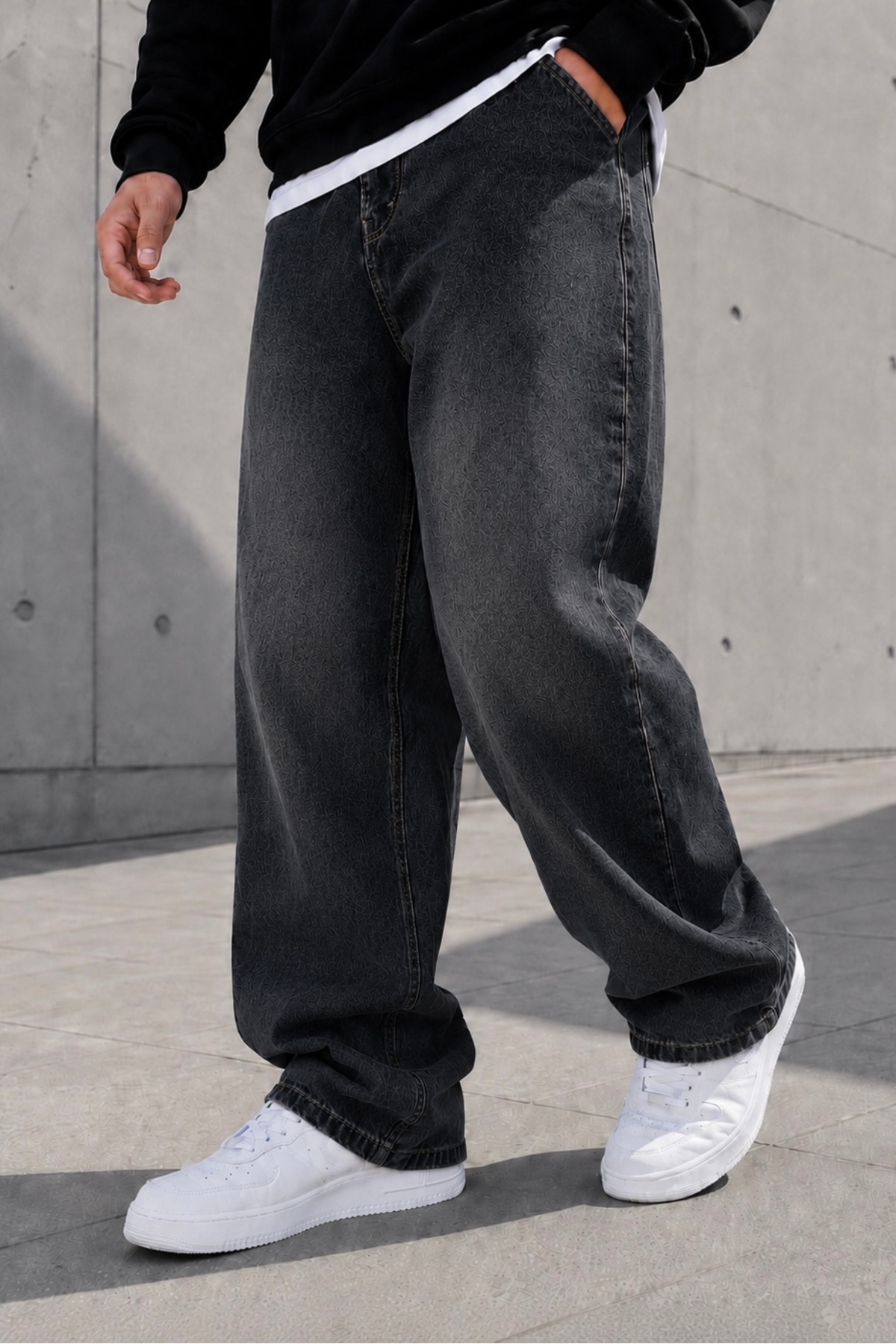 Erkek Siyah Taşlamalı Baggy Fit Likrasız Rahat Kesim Jean Pantolon
