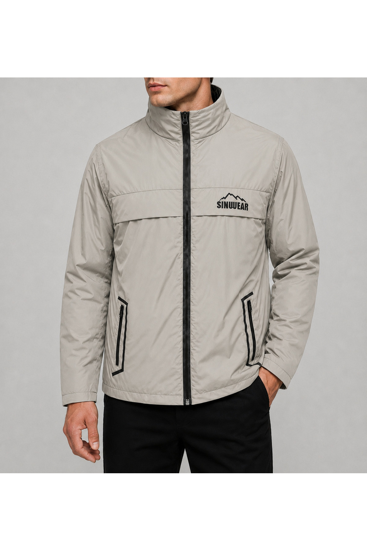 Sınwear Erkek Bej Baharlık Su ve Rüzgar Geçirmez Mont Dik Yaka Mevsimlik Fermuarlı Spor Outdoor Ceket görsel 3