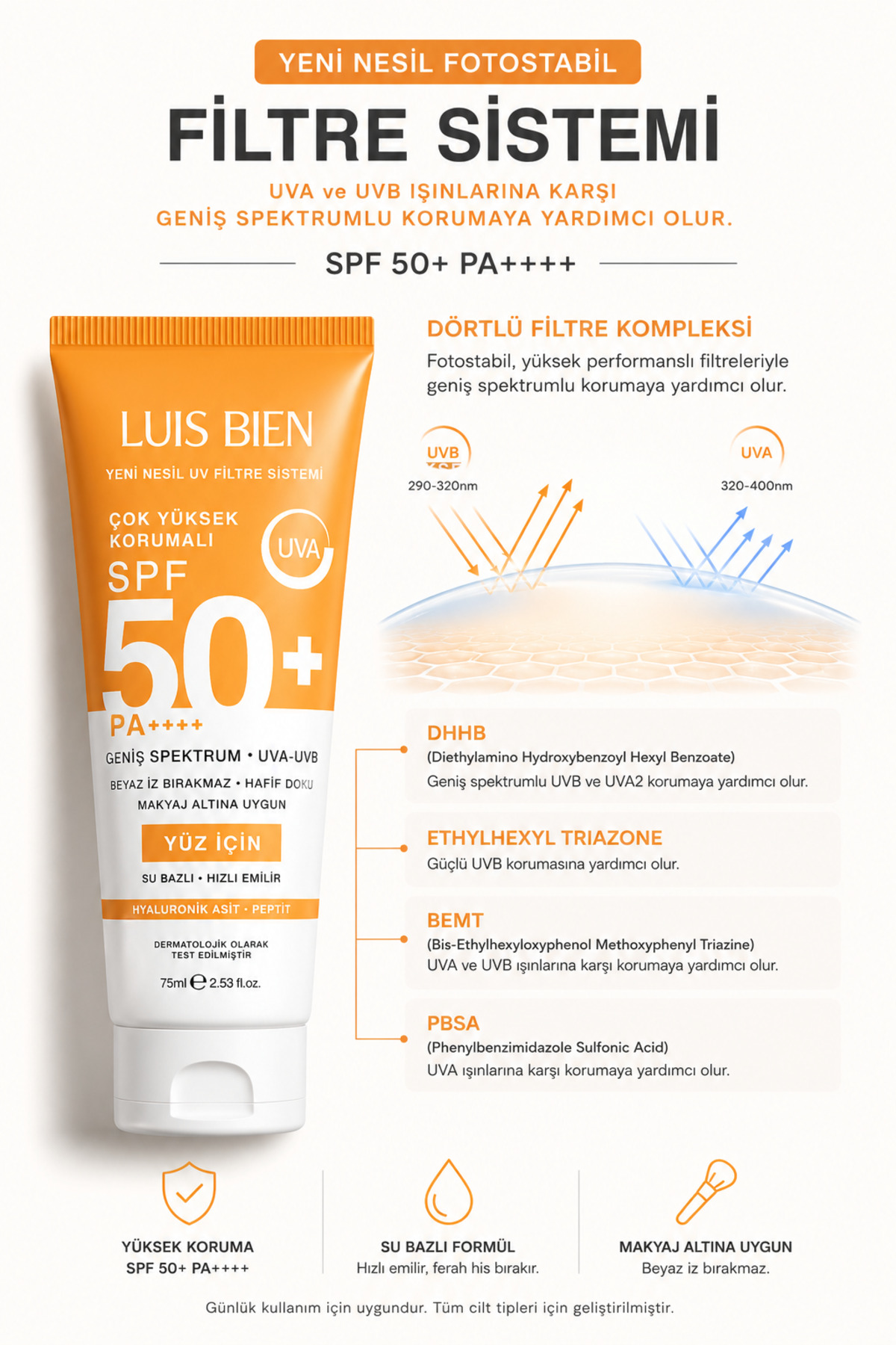 Anıl Güler Su Bazlı Yüz Güneş Kremi SPF 50+ PA++++ 75 ml - Non Komedojenik Leke Karşıtı Yüksek Koruyucu, Yağsız | Makyaj Altı Güneş Kremi | Yapmayan Güneş Kremi | Hassas Cilt — LUU191 — تصویر 2 از 8