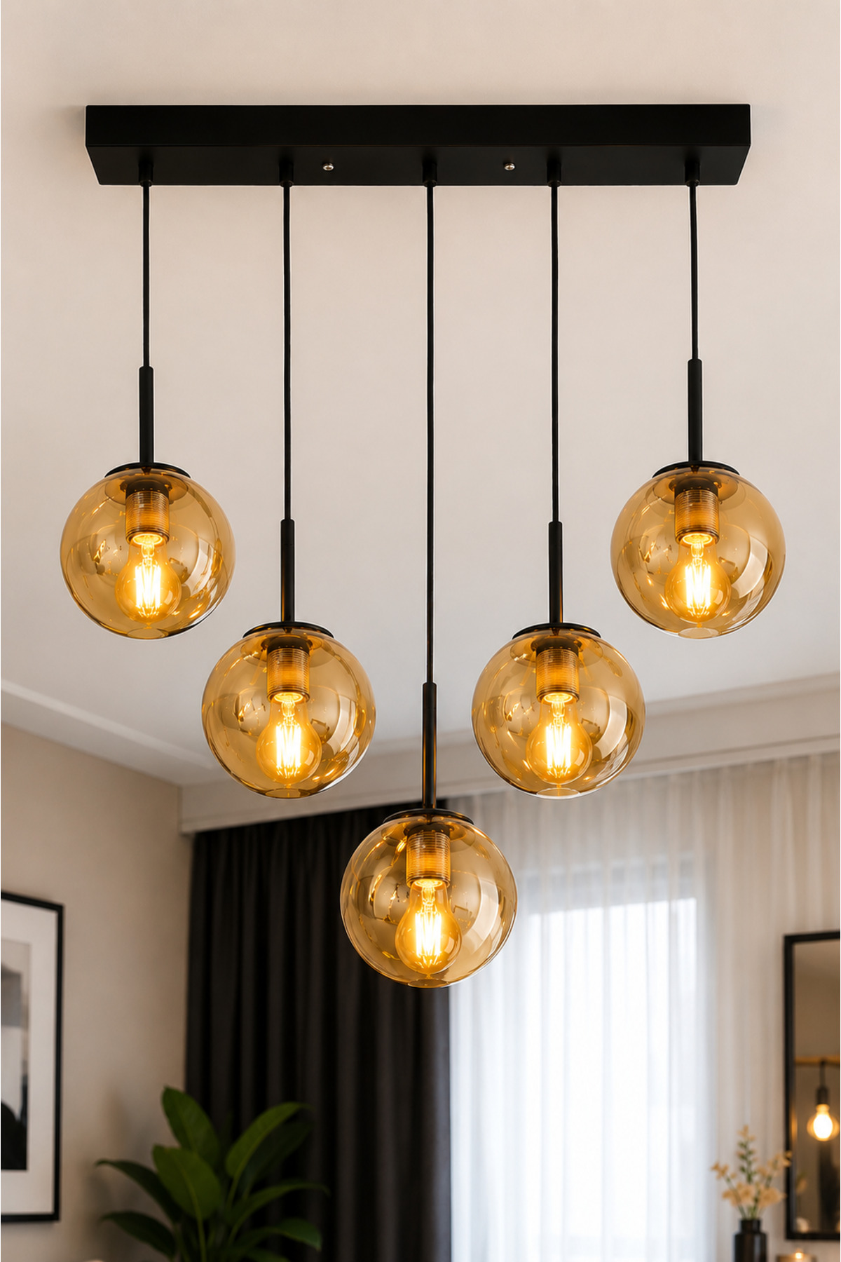 FERİS 5-LIGHT INLINE CHANDELIER || BLACK BODY ||BAL GLOP GLASS Ceiling Mounted Chandelier Models Lamp Glass Inline Chandelier Living Room Chandelier Dining Table Top Chandelier Lighting