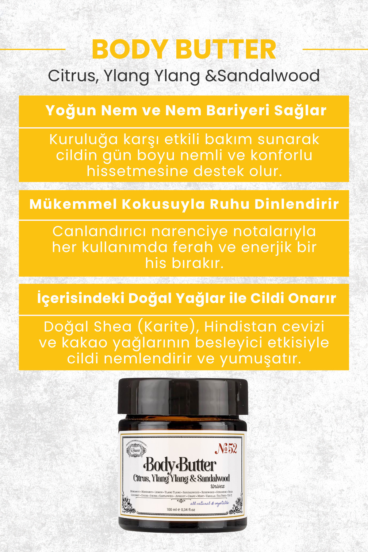 Body Butter | Narenciye Ylang Ylang Sandalağacı | Doğal Katı Vücut Yağı Yoğun Nemlendirici 100 ml — R52 — تصویر 3 از 4
