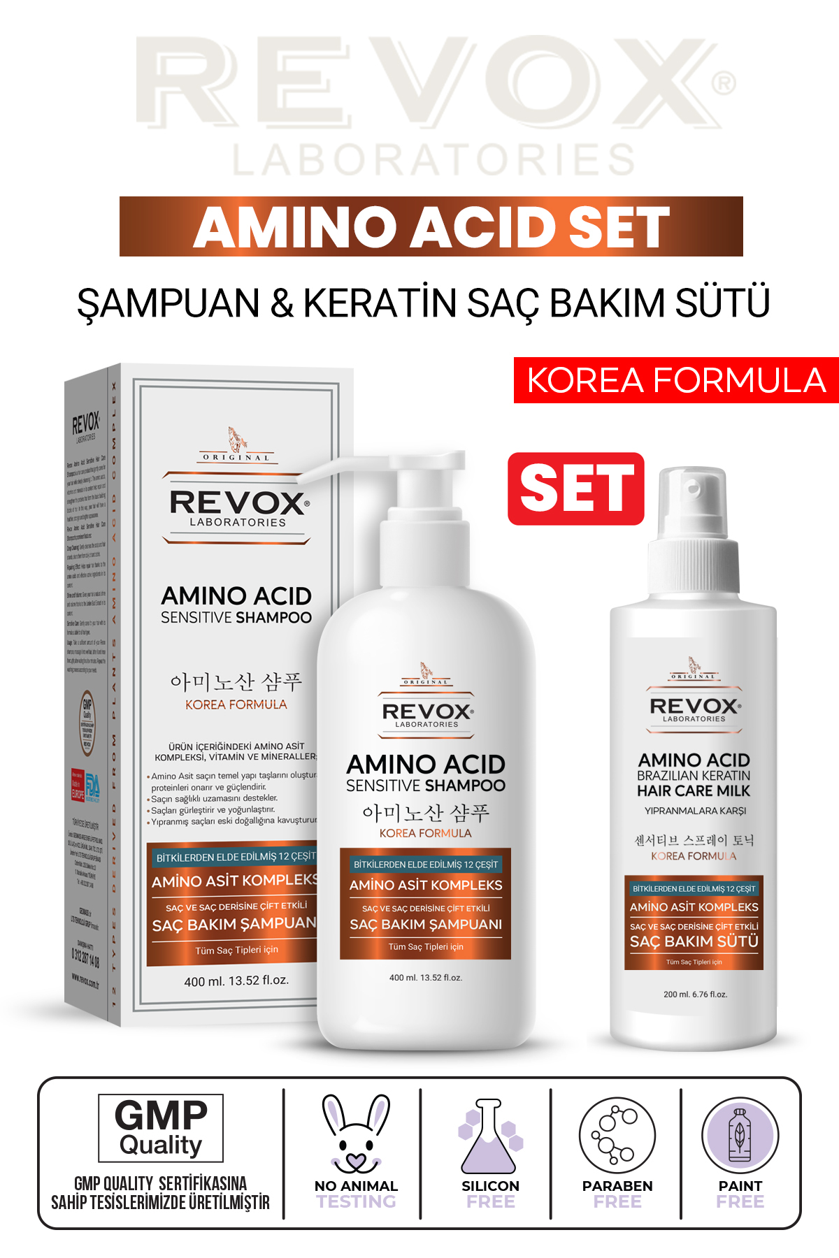Revox Amino Asit Saç Bakım Onarıcı, Nemlendirici, Dökülme Karşıtı Set / Şampuan & Keratin Saç Bakım sütü — RAASET