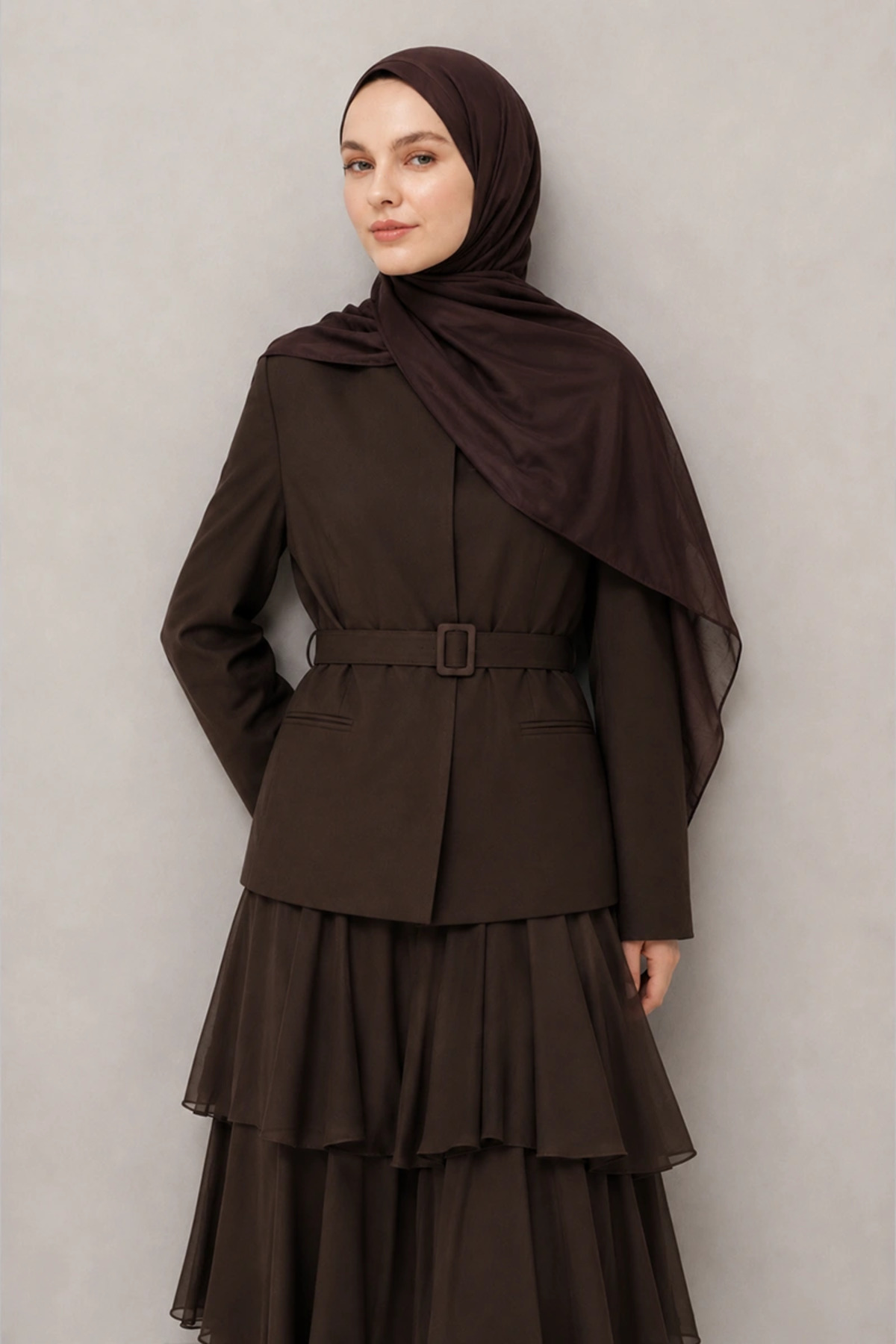 Madame Polo Krep Şifon Şal - Acı Kahve görsel 5