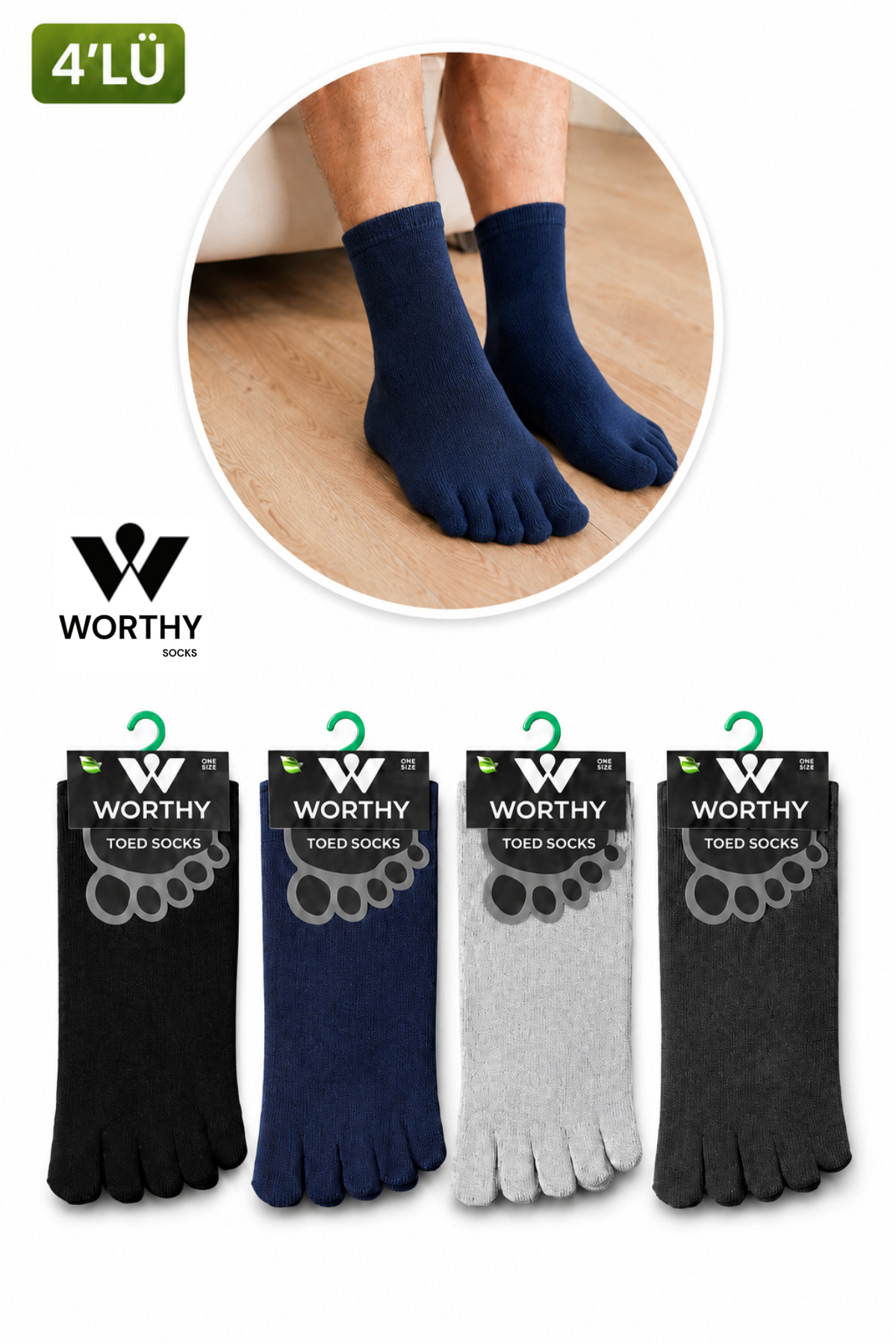 WORTHY SOCKS 4 Çift Unisex Bambu Parmak Çorap Mantar Önleyici Ter Emici 4' lü