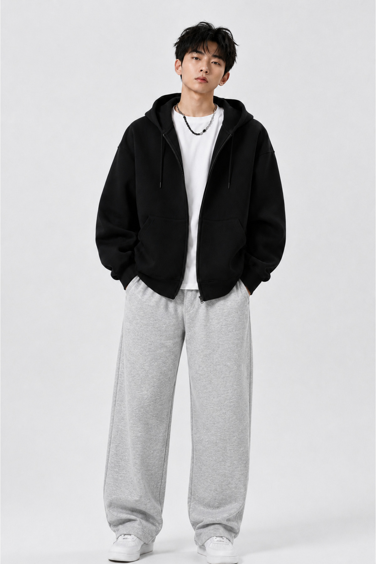 Boi Desensiz Sweatshirt Fermuarlı Hırka - Siyah Oversize Cepli Kışlık Kapüşonlu