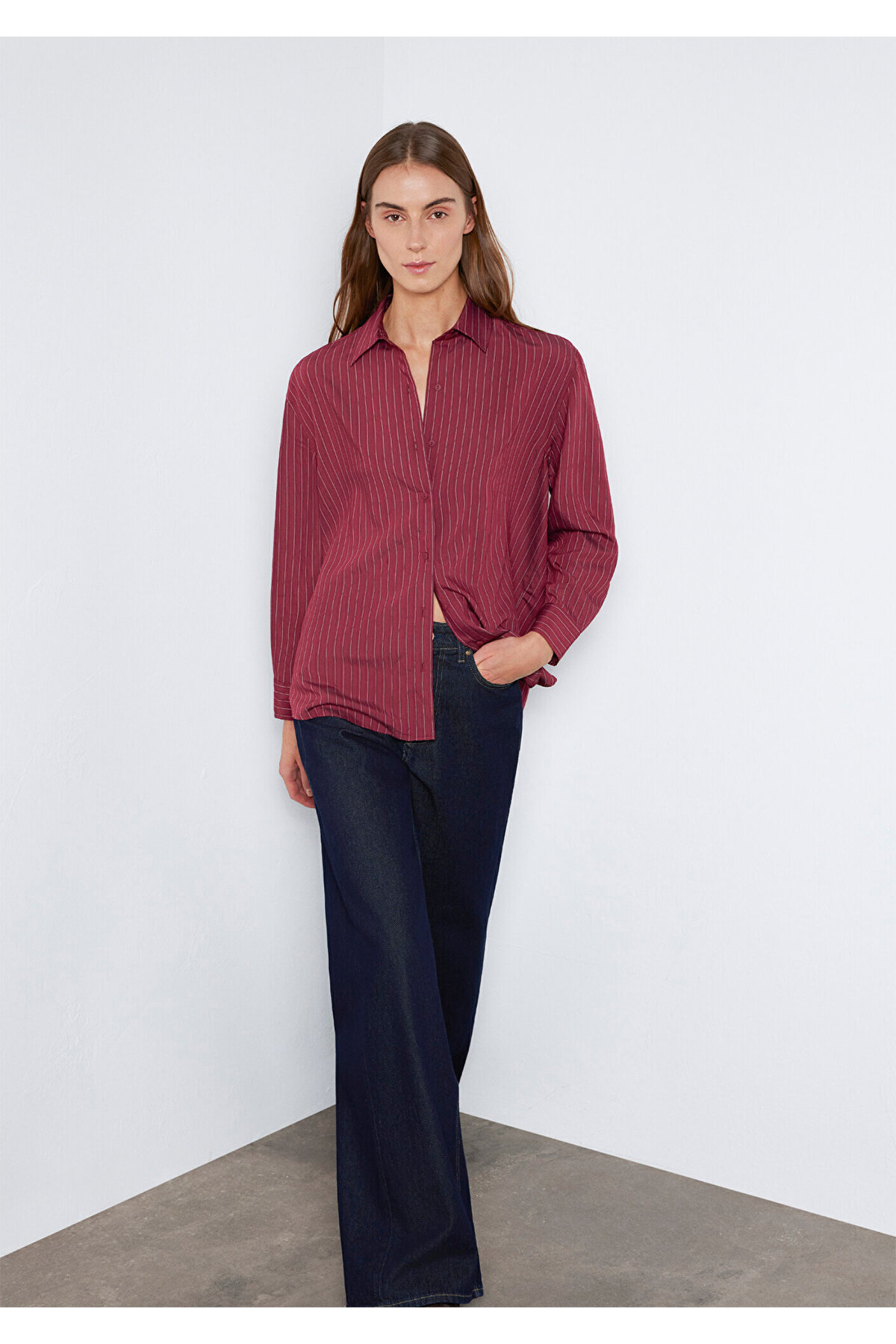 Mavi Çizgili Bordo Gömlek Loose Fit / Bol Rahat Kesim 1210683-91379 — قرمز
