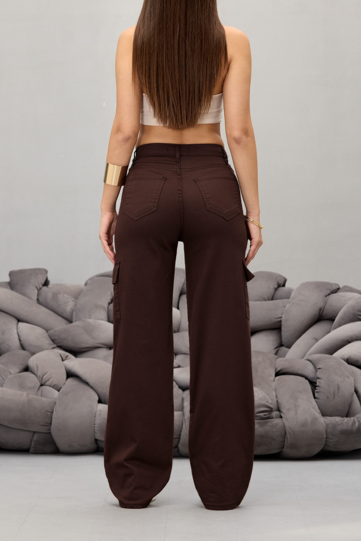 Kahve Kargo Cepli Likralı Yüksek Bel Wide Leg Pantolon 3