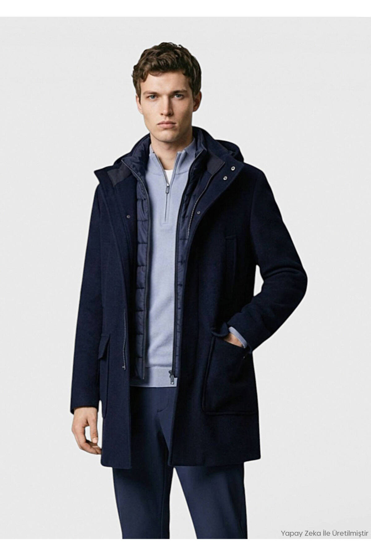 Ramsey Lacivert Regular Fit Kapüşonlu Casual Dokuma Kaban görsel 3