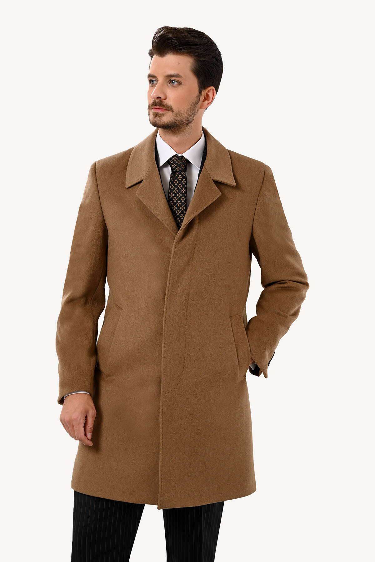 Ysf Erkek Camel Regular Fit Mono Yaka Kaşmir Palto görsel 2