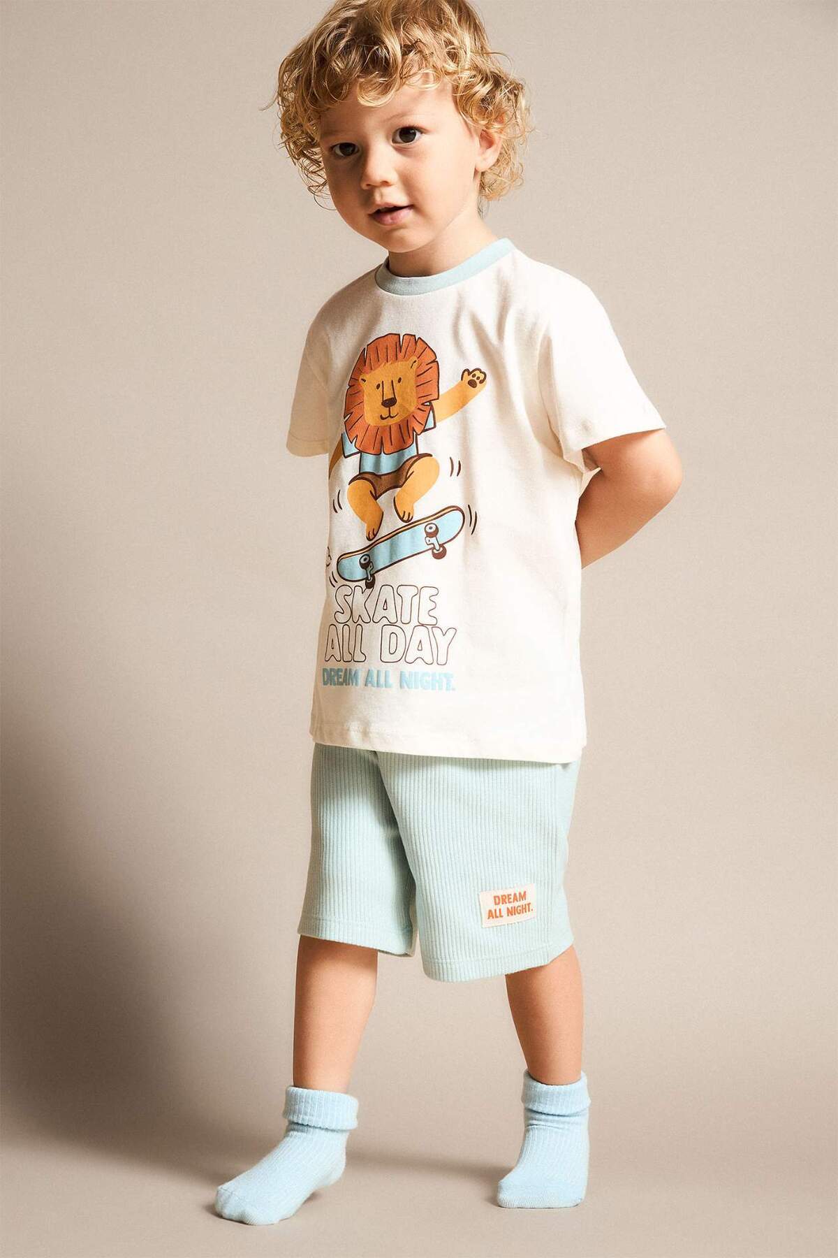 Defacto 100% Cotton Animal Printed 2-Piece Pajama Set Light Blue Baby Boy H4028A526Hs