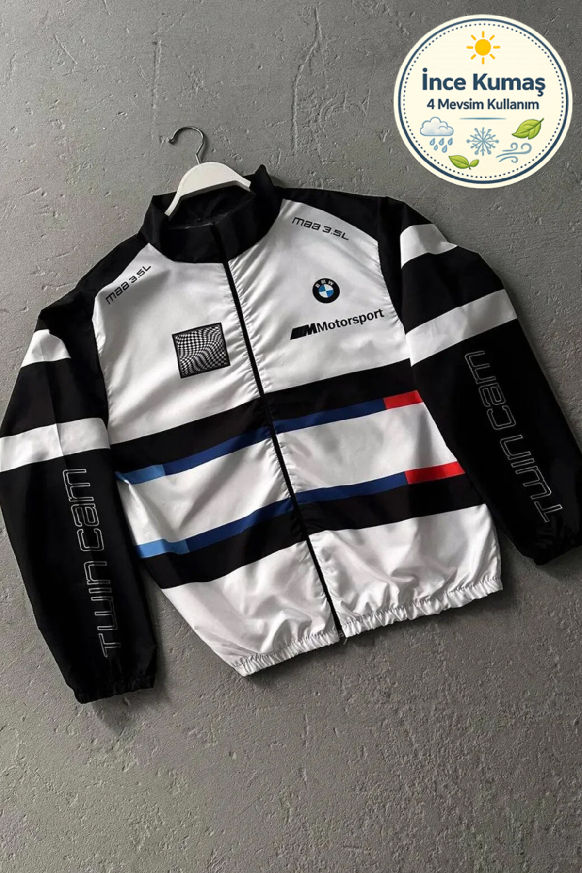 Lushen BMW //M Retro Unisex Paraşüt Kumaş Oversize Dijital Baskılı Siyah Rüzgarlık Yağmurluk İnce Ceket