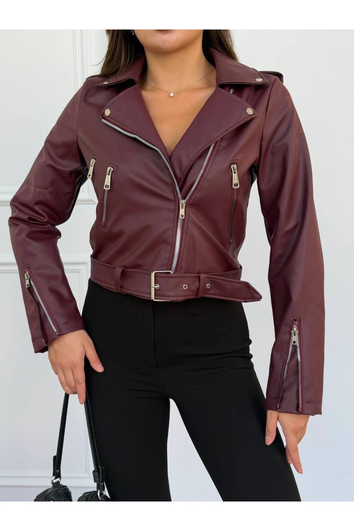 İLKCET MODA Kol Fermuar Detaylı Bordo Slim Fit Kadın Ceket görsel 5