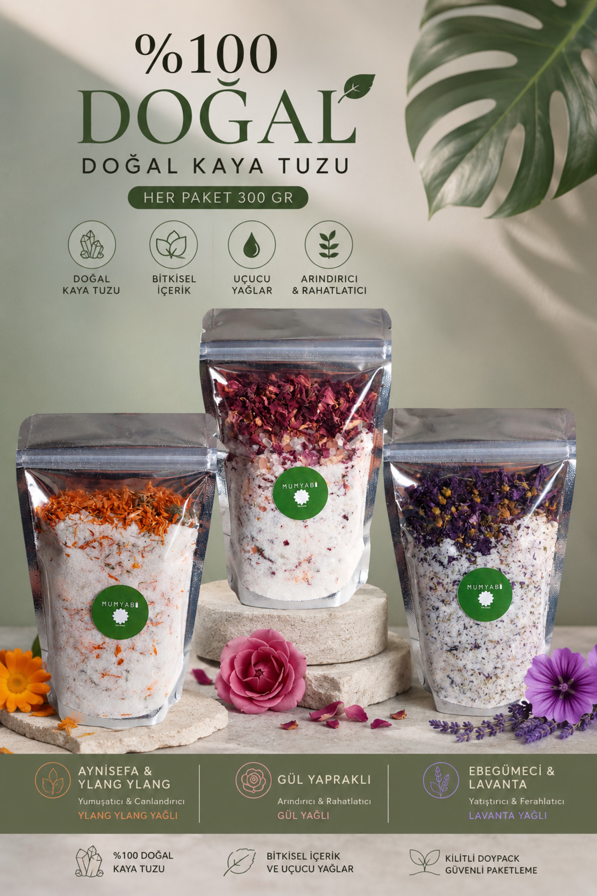 MUMYABİ 3'lü Doğal Içerikli Gül-lavanta-menekşe-ylang Yağlı Banyo Kaya Tuzu Manikür/pedikür Peeling3x300 gr — rutyktj