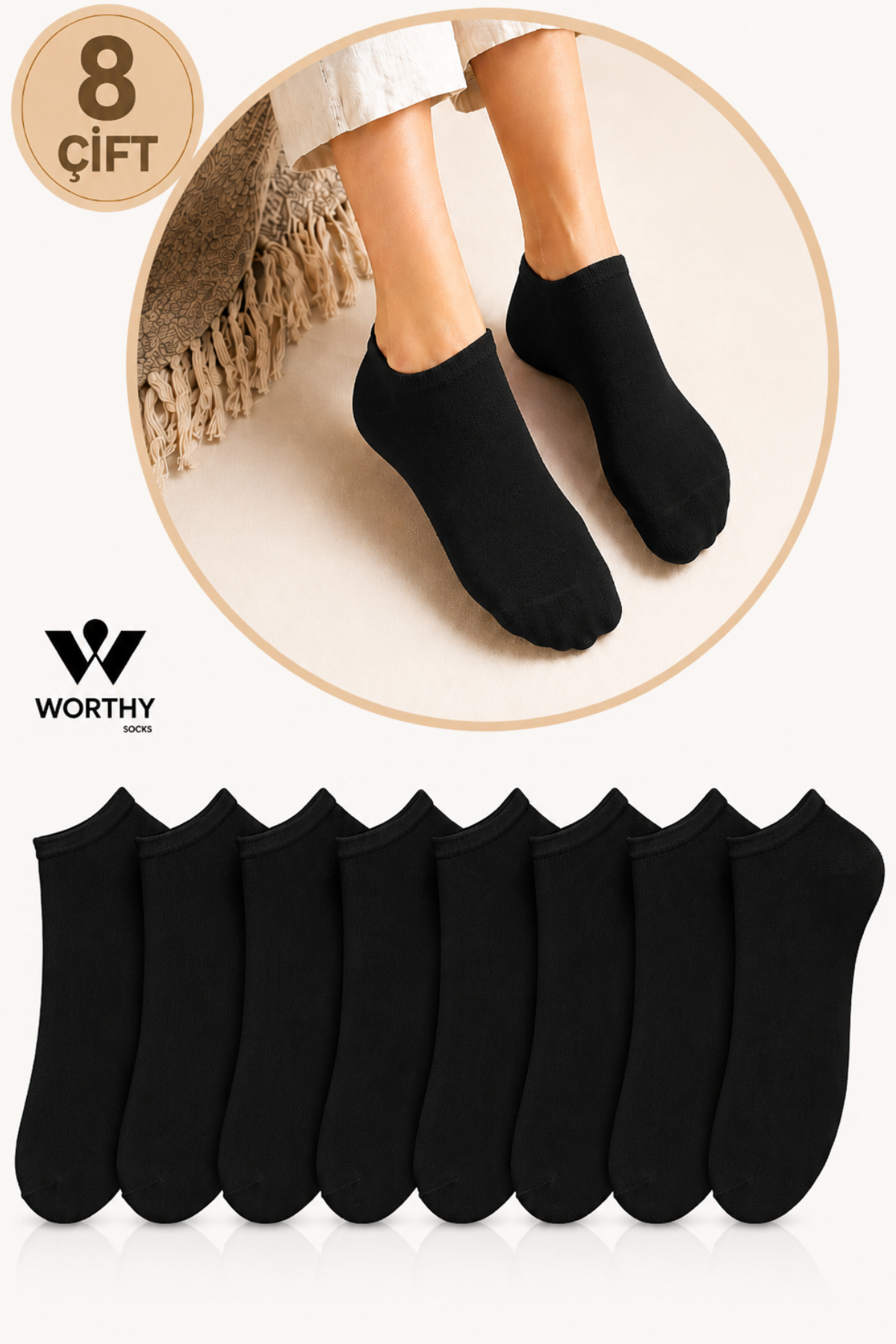 WORTHY SOCKS 8'li Siyah Kısa Patik Bilek Çorap