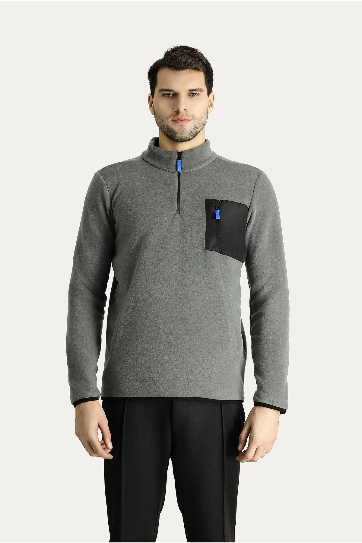 Kiğılı Dik Yaka Yarım Fermuarlı Soğuk Geçirmez Tüylenme Yapmayan Cep Detaylı Polar Sweatshirt görsel 3