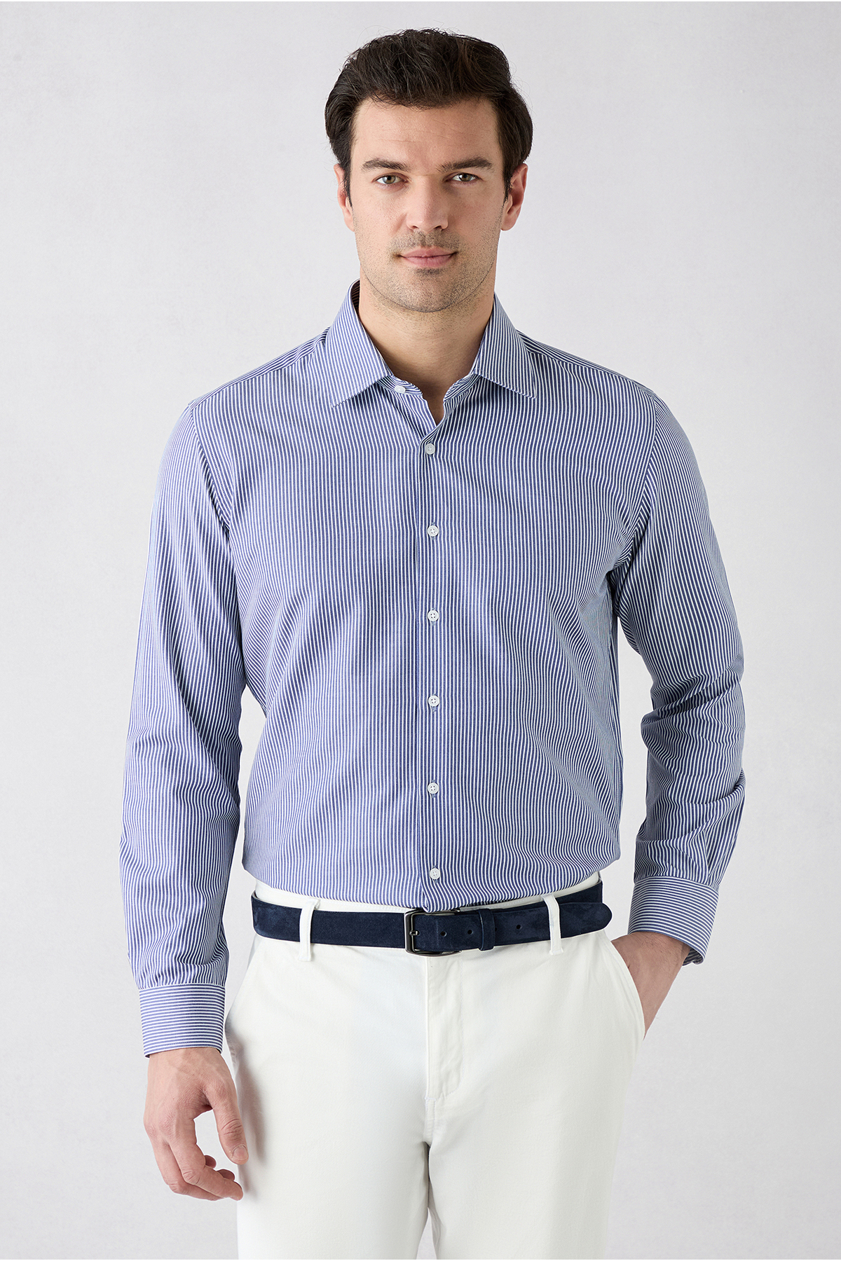 Kiğılı Uzun Kol Slim Fit Çizgili Klasik Yaka Pamuklu Kolay Ütülenebilir Gömlek görsel 2