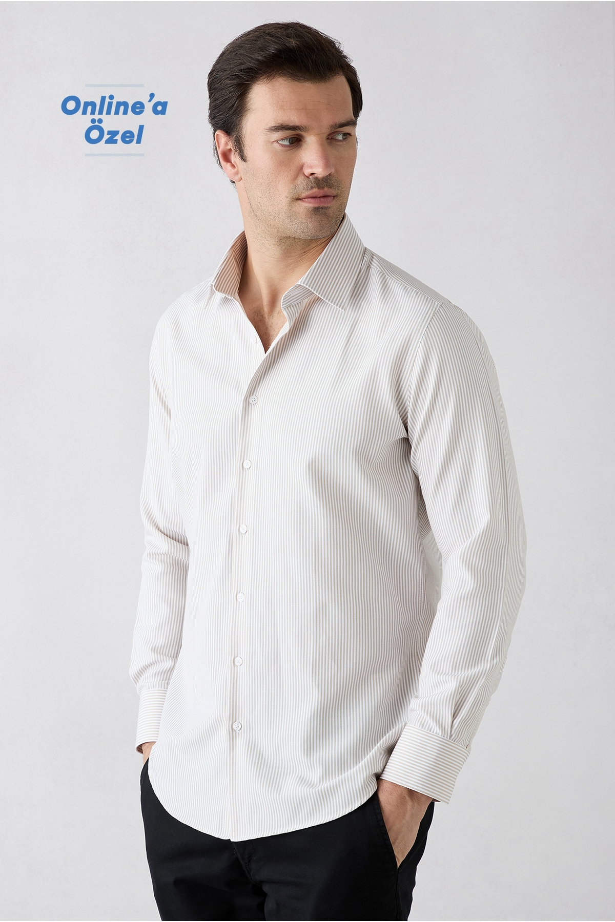 Kiğılı Uzun Kol Slim Fit Çizgili Klasik Yaka Pamuklu Kolay Ütülenebilir Gömlek