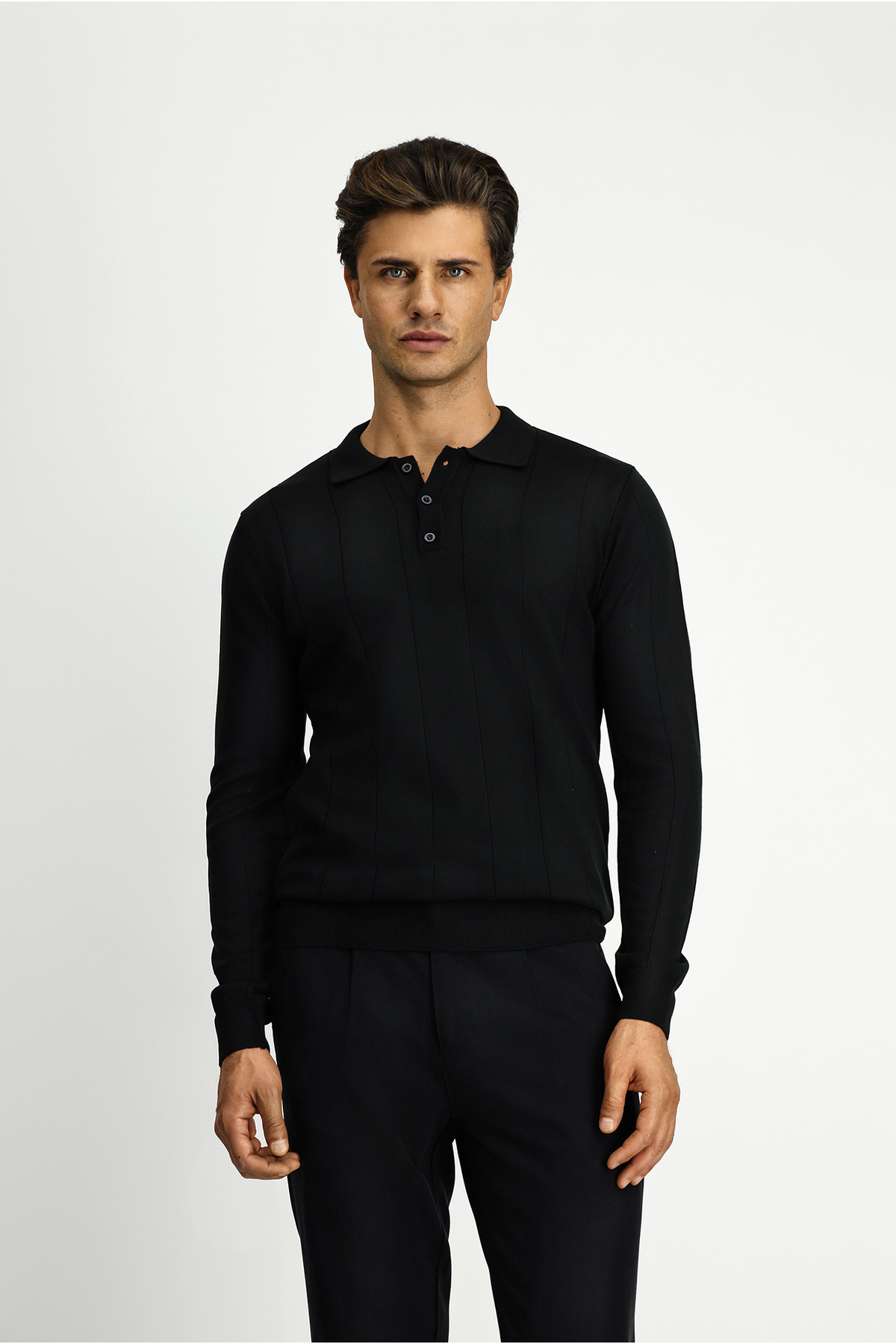 Kiğılı Polo Yaka Düğmeli Regular Fit Çizgili Triko Kazak görsel 3